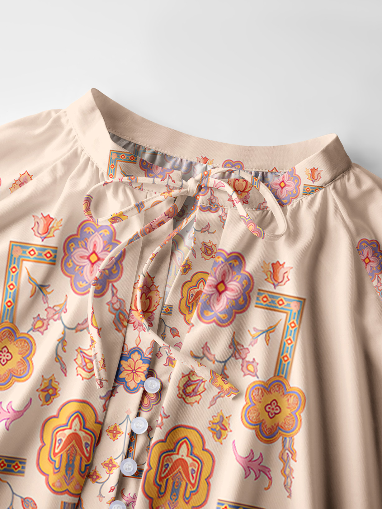 Boho Inspired Symmetrical Floral Long Sleeve Tie‑Neck Blouse