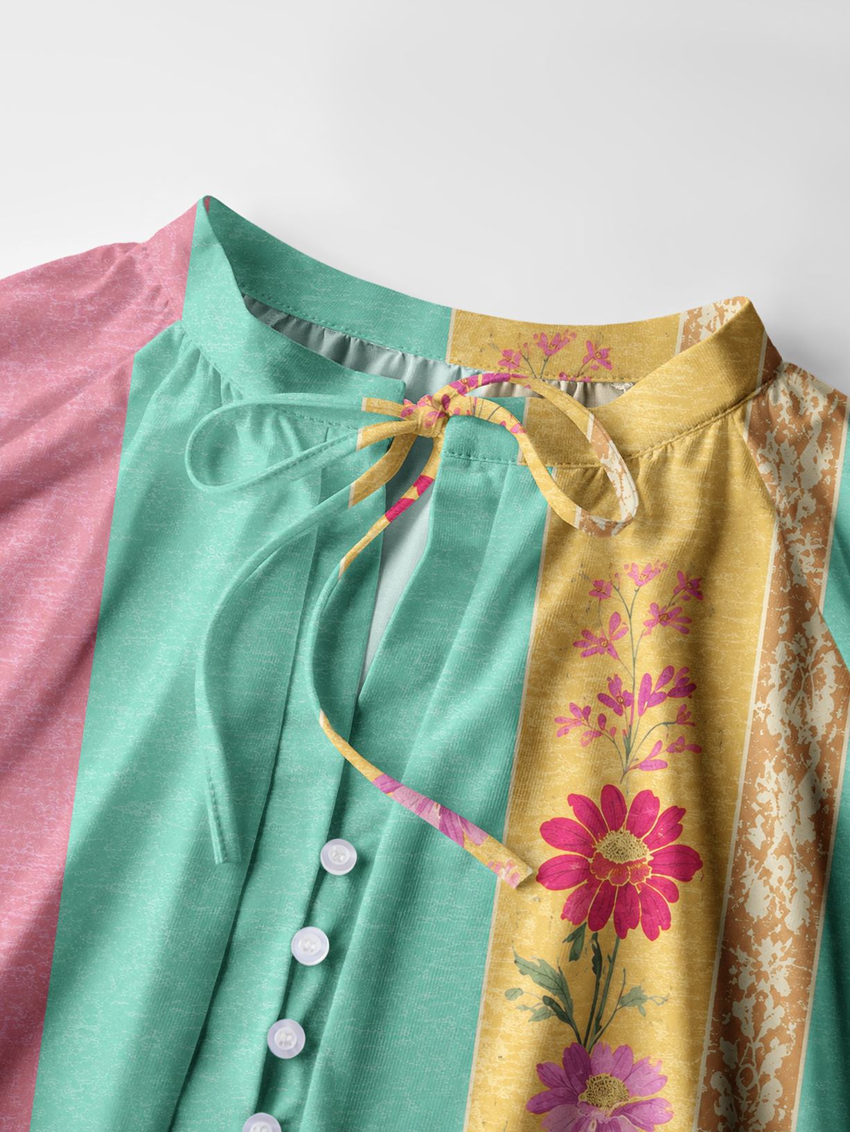Sunset Stripe Florals Boho Long Sleeve Tie‑Neck Blouse