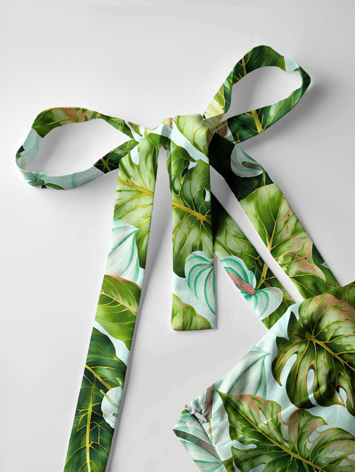 Tropical Rainforest Green Leaves Bow Strap Maxi Dress