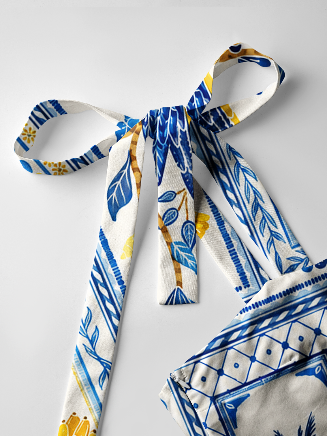 Blue Tropical Tile Bow Strap Maxi Dress