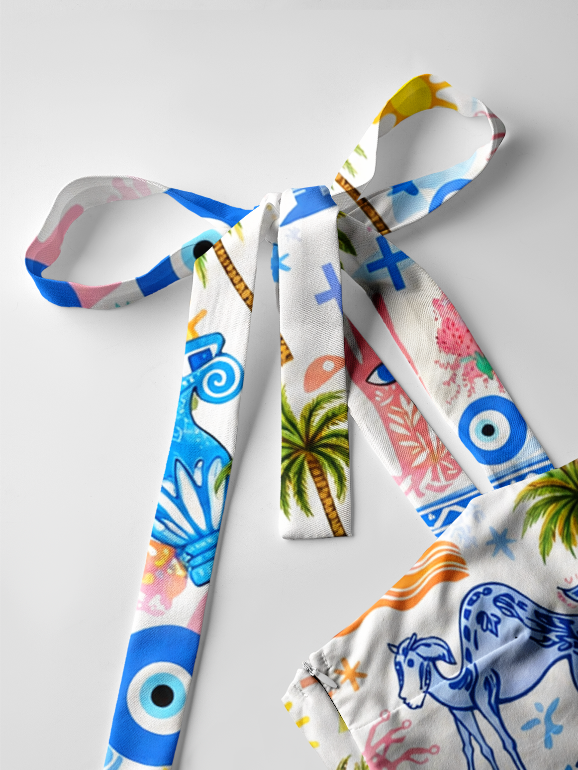 Greek Island Charms Pattern Bow Strap Maxi Dress