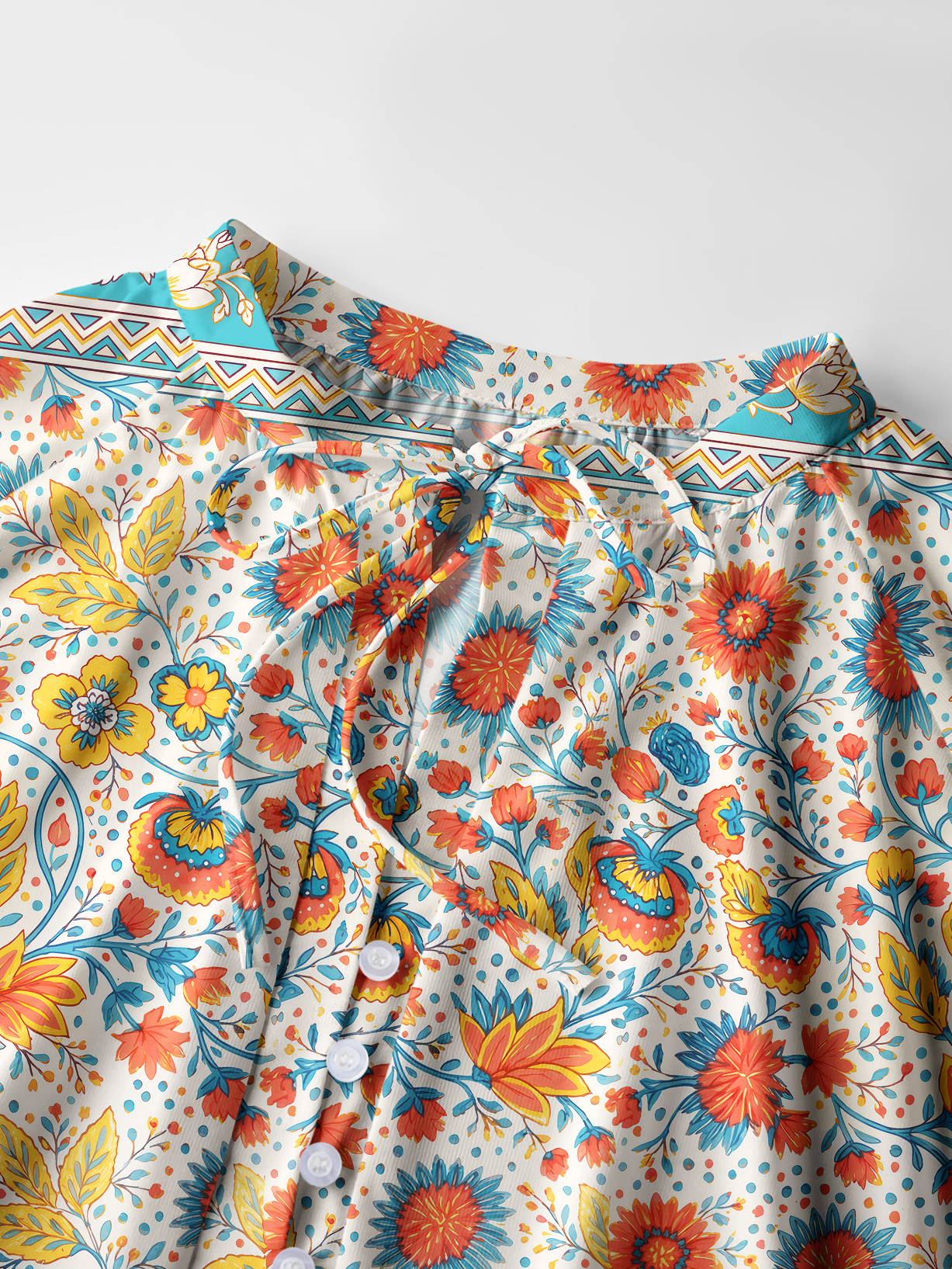 Moroccan Garden Pattern Boho Long Sleeve Tie‑Neck Blouse