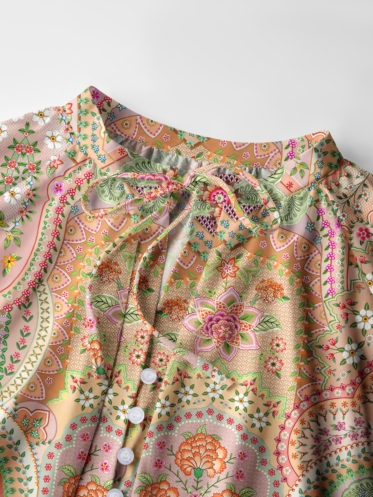 Patchwork Mandala Floral Print Boho Long Sleeve Tie‑Neck Blouse
