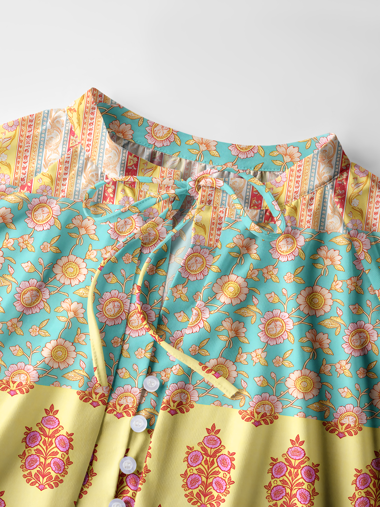 Paisley Inspired Pattern Boho Long Sleeve Tie‑Neck Blouse