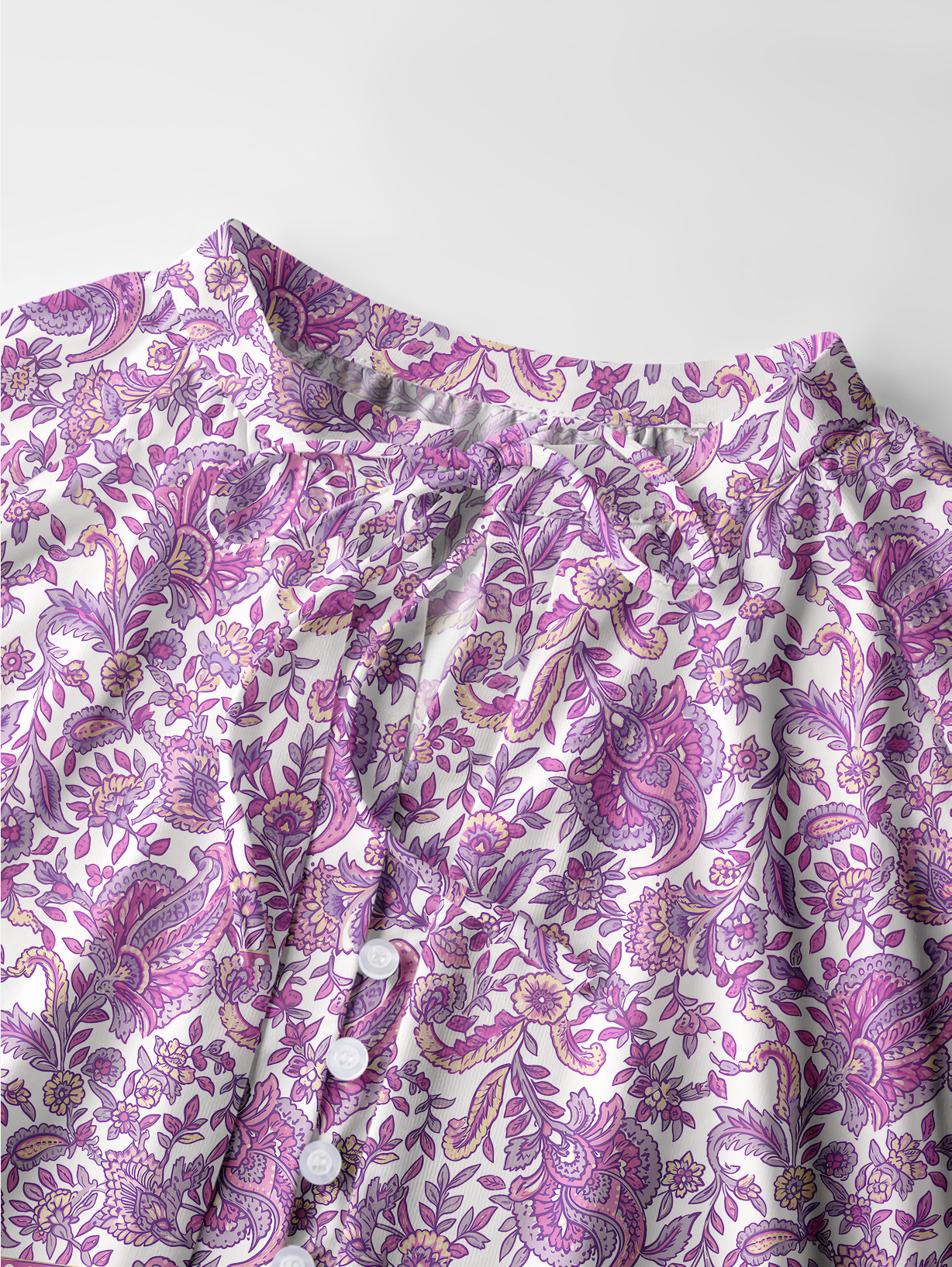 Violet Paisley Garden Print Boho Long Sleeve Tie‑Neck Blouse