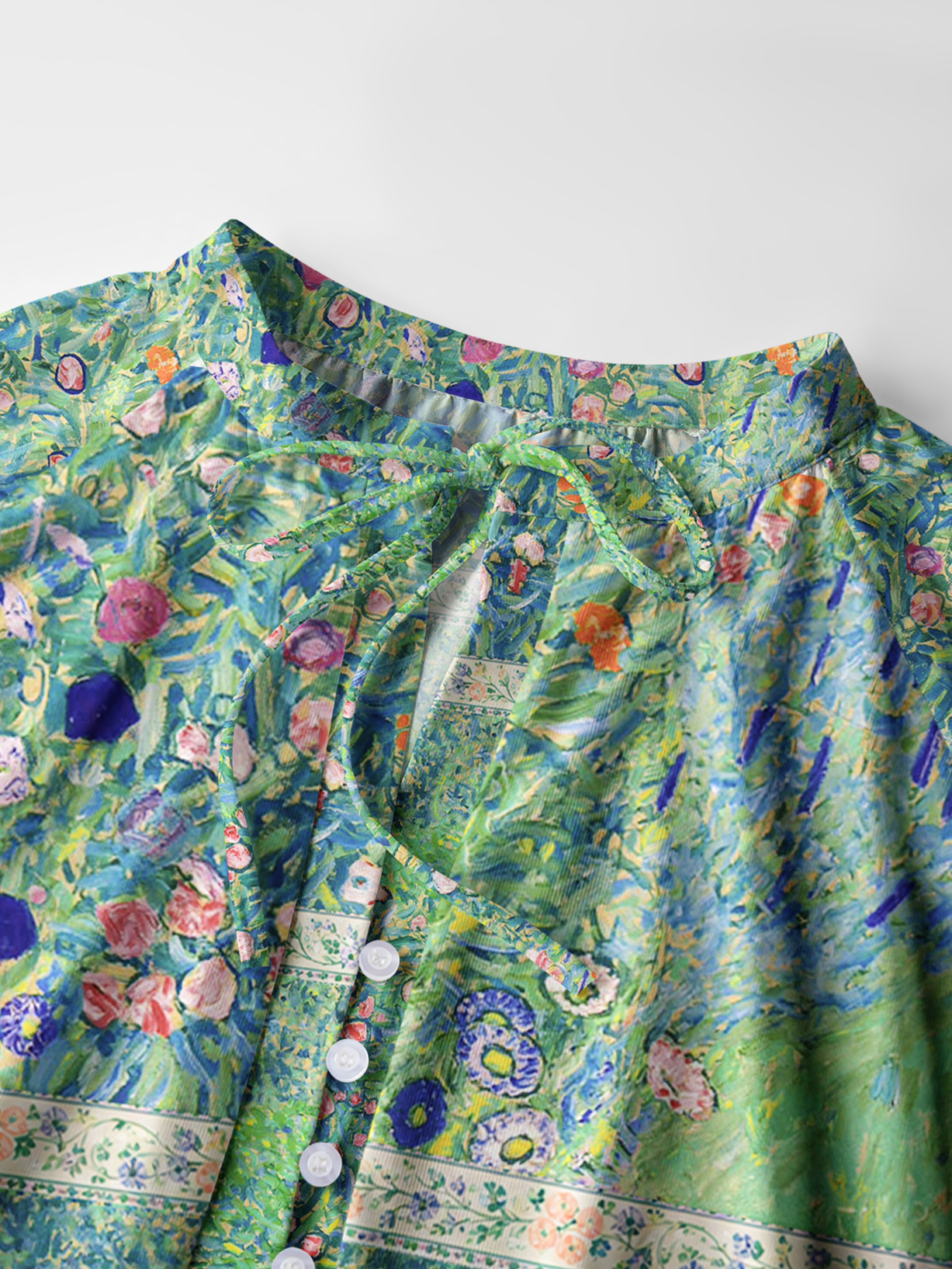 Gustav Klimt Italian Garden Landscape Long Sleeve Tie‑Neck Blouse