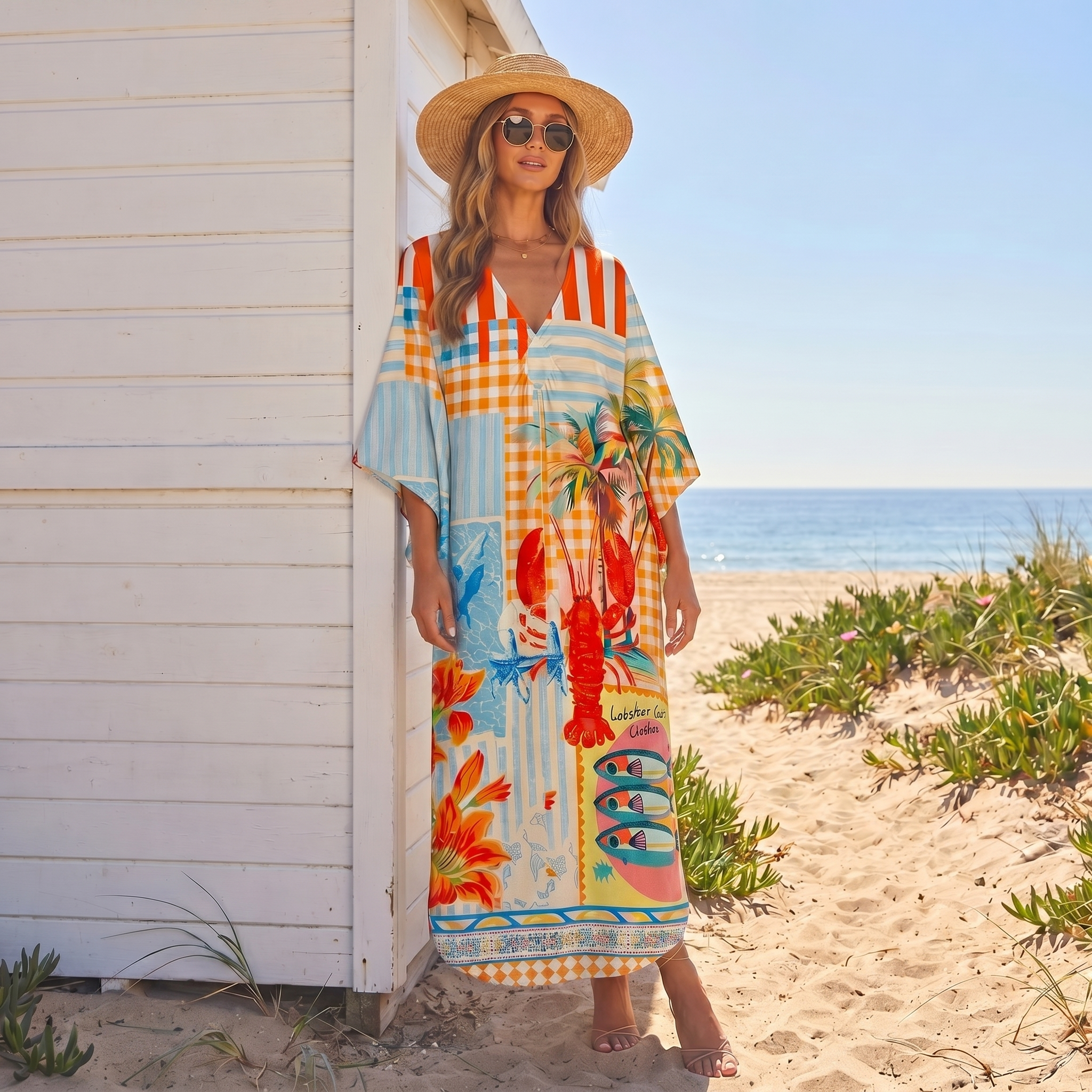 Tropical Lobster Patchwork Kimono Sleeve Kaftan Dress