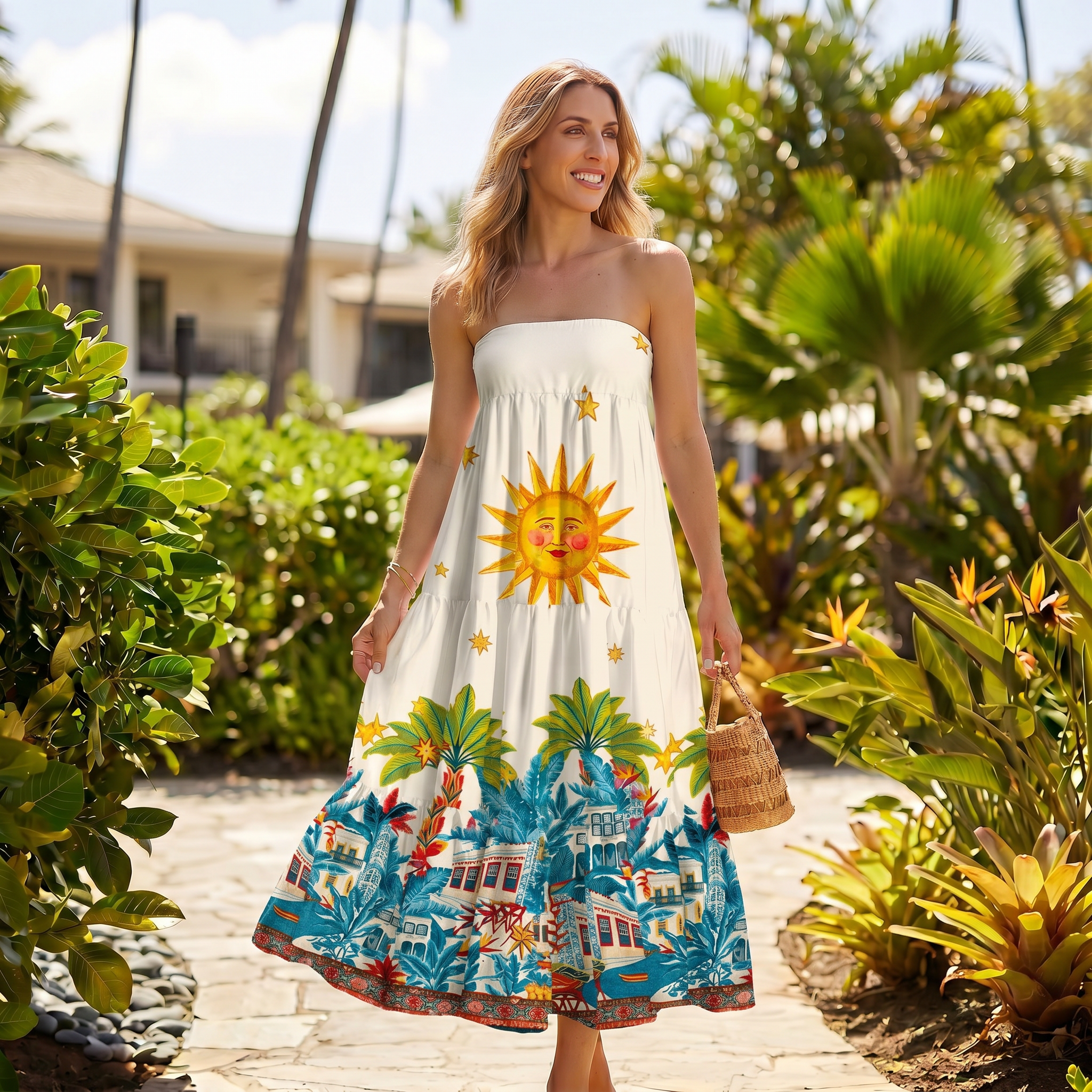 Retro Sun & Palm Maxi Skirt & Strapless Dress  