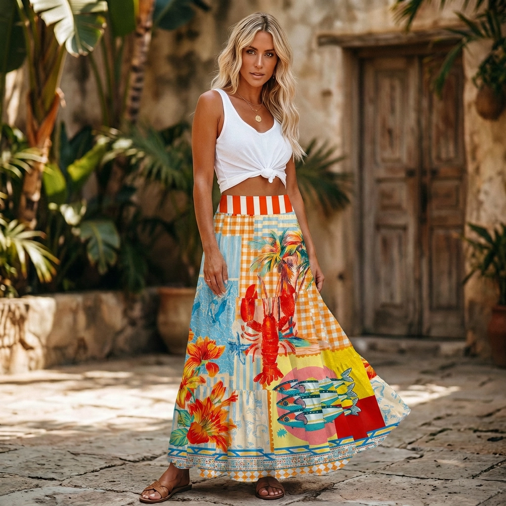 Tropical Lobster Patchwork Maxi Skirt & Strapless Dress  