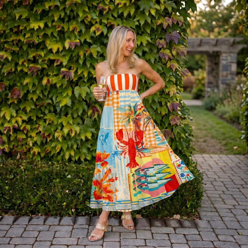 Tropical Lobster Patchwork Maxi Skirt & Strapless Dress  
