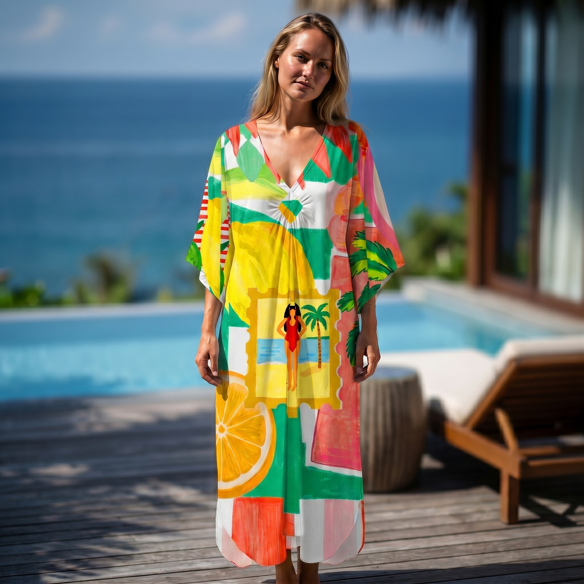 Tropical Floral & Palm Kimono Sleeve Kaftan Dress