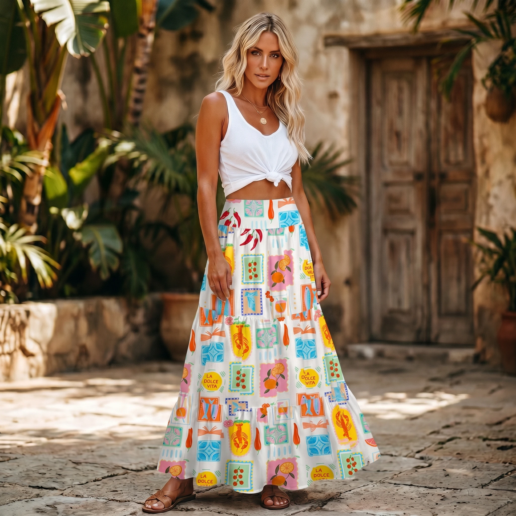 Tropical Stamp Print Maxi Skirt & Strapless Dress  