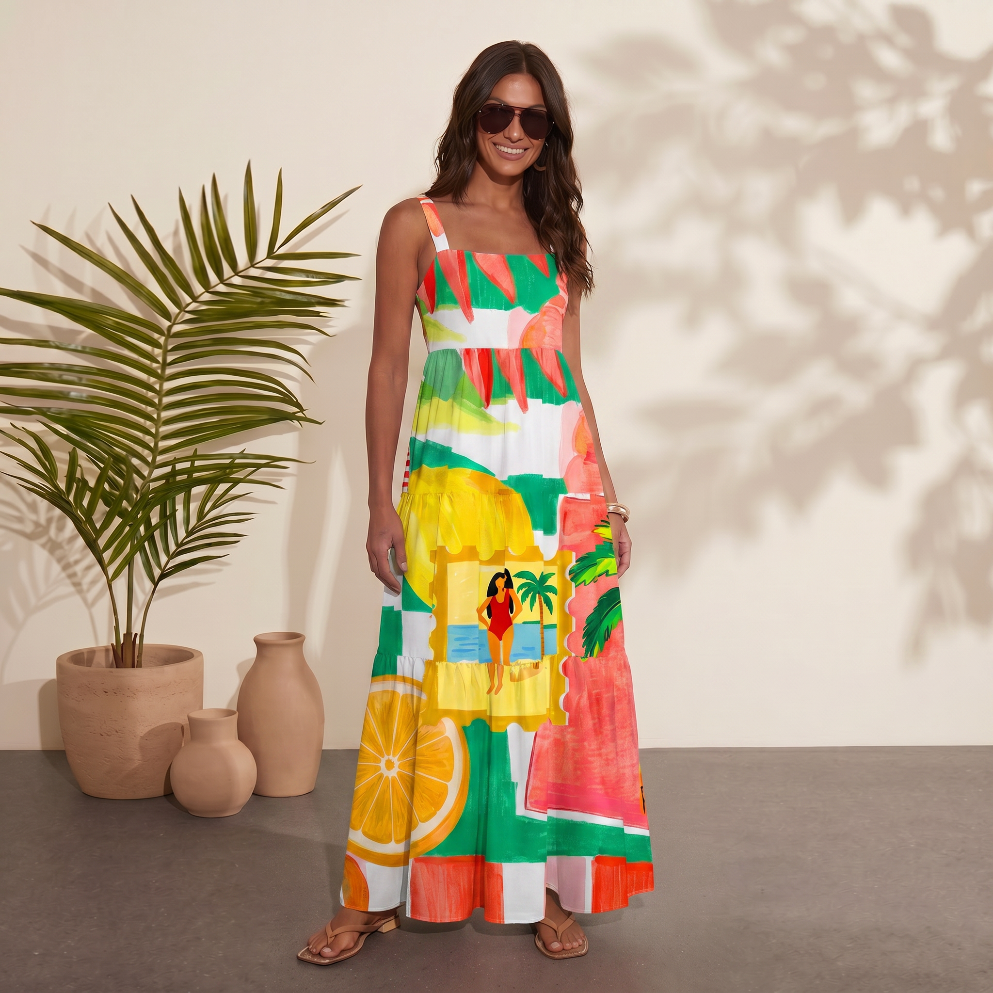 Tropical Floral & Palm Wide Straps Maxi Dress With Pockets