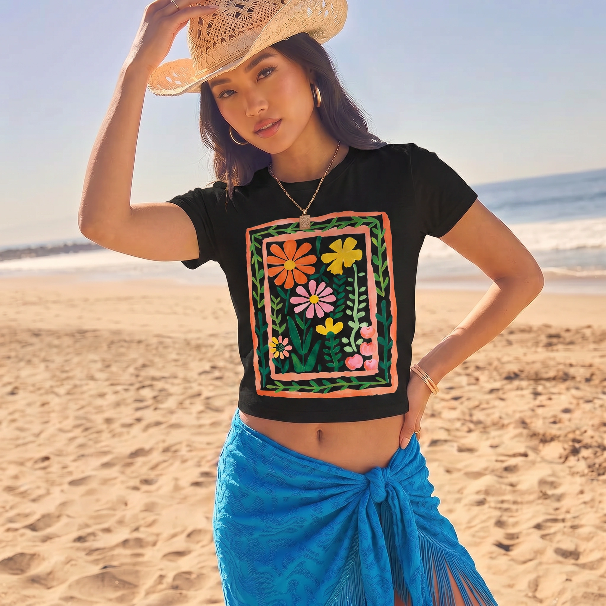 Tropical Floral & Palm Print Crew Neck Cotton Tee