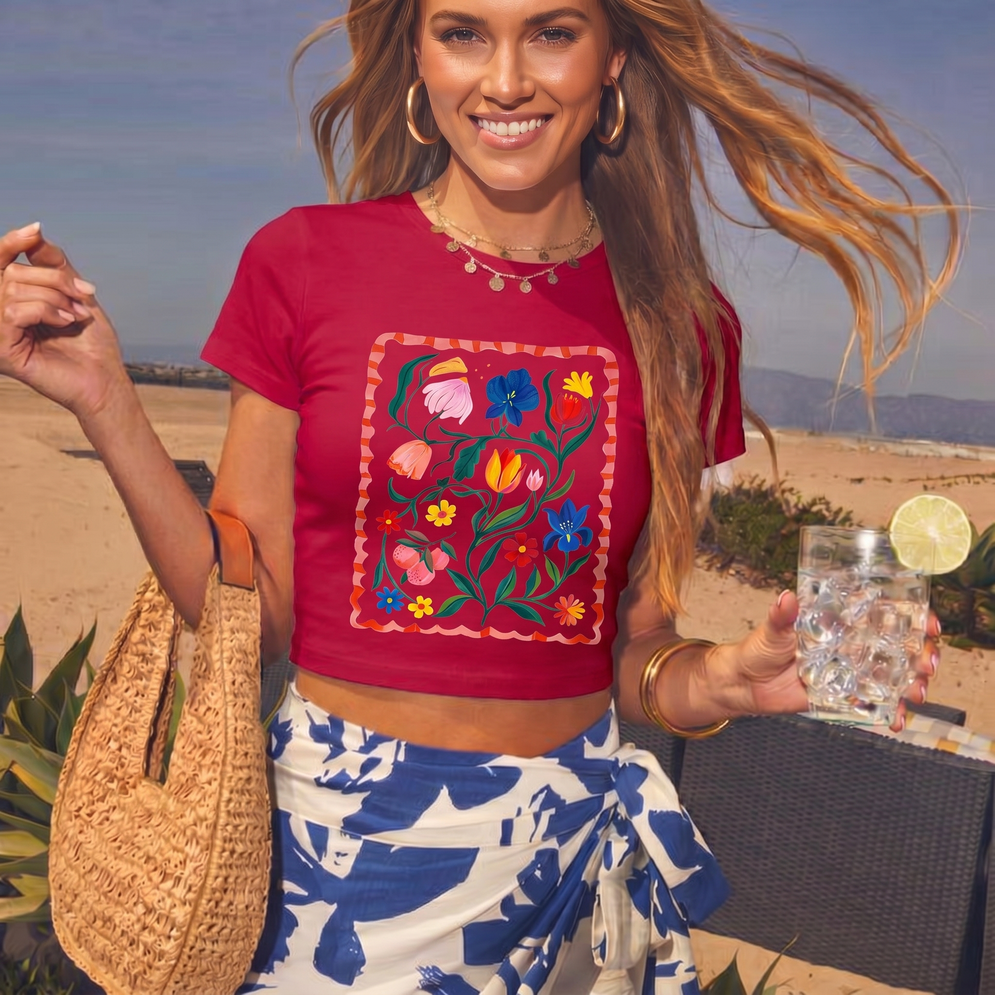 Retro Sun & Palm Print Crew Neck Cotton Tee