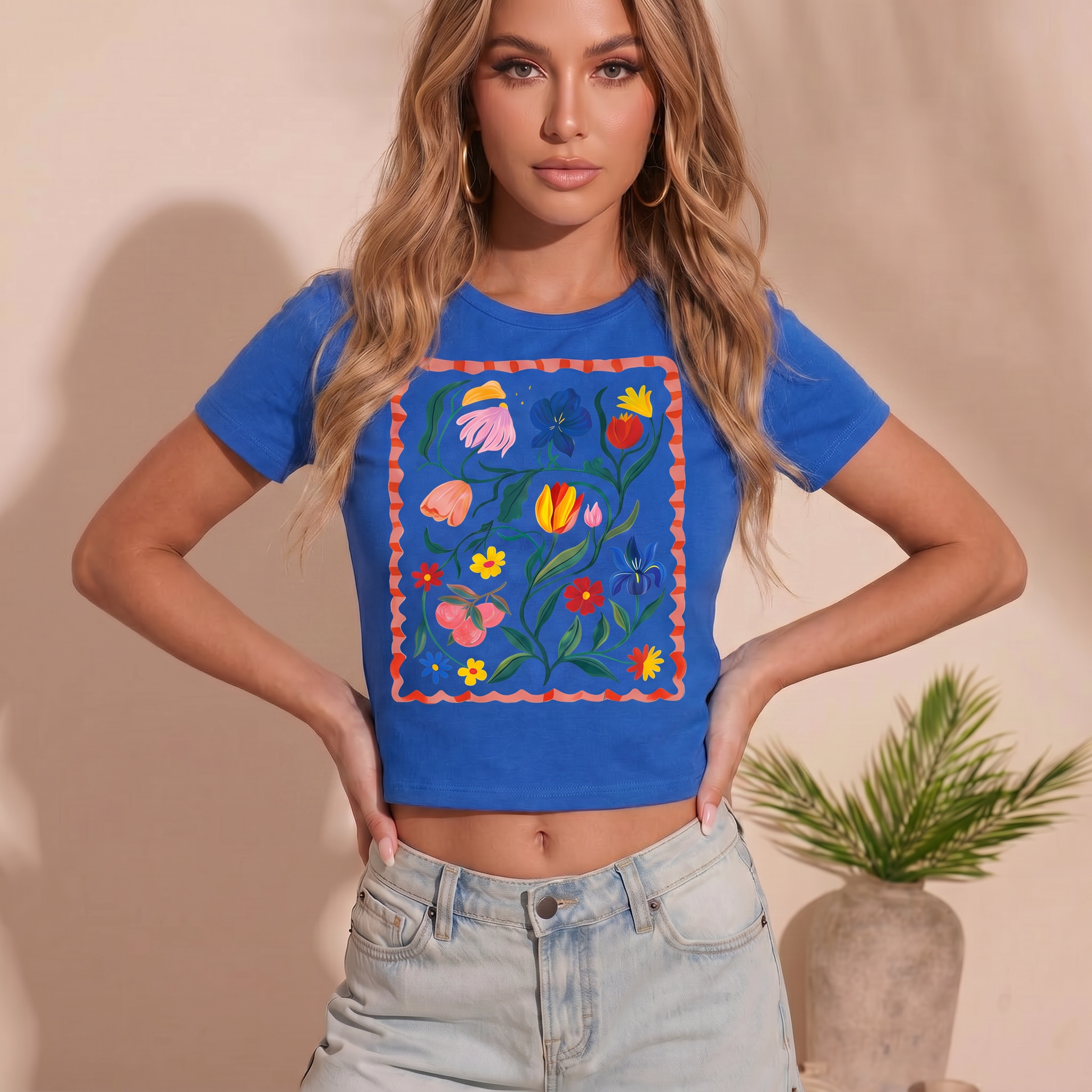 Retro Sun & Palm Print Crew Neck Cotton Tee