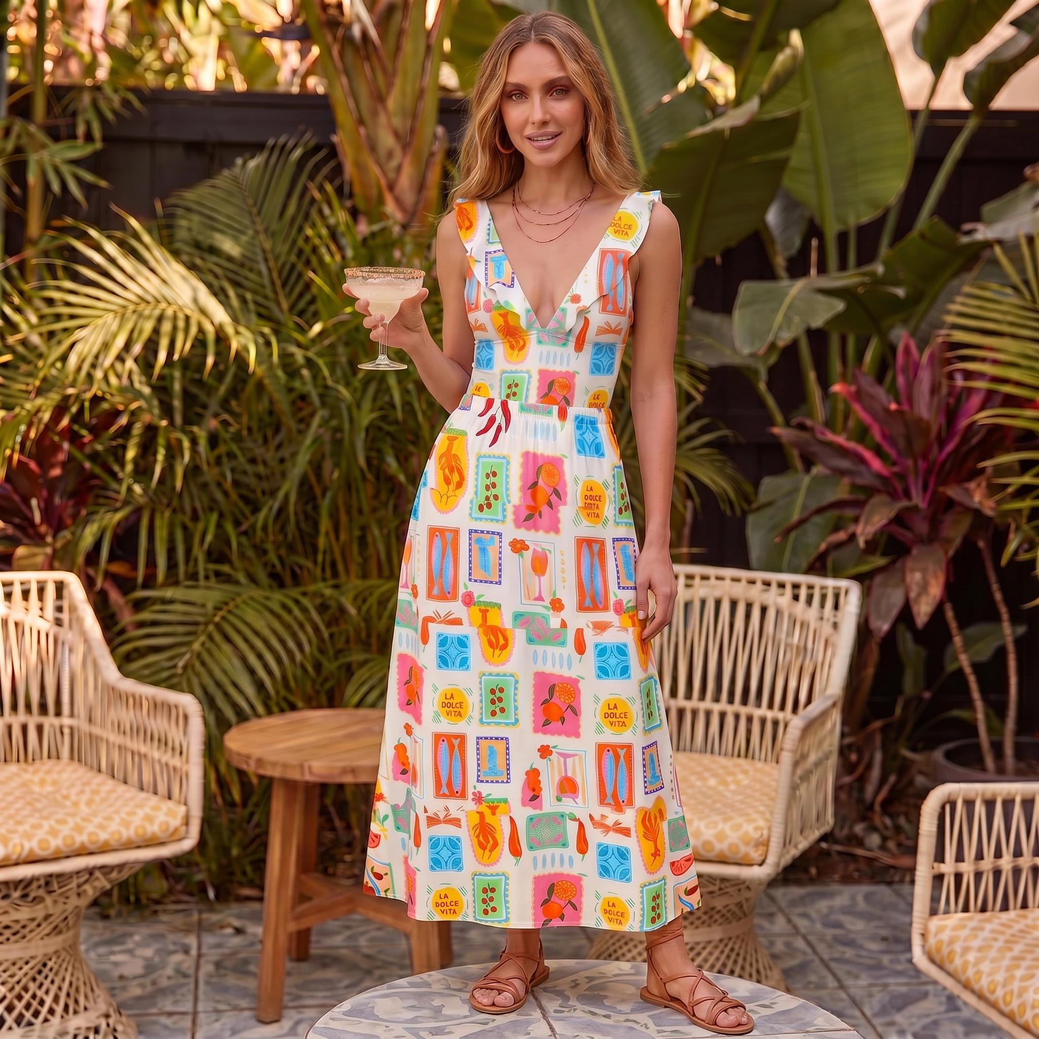 Tropical Stamp Print Ruffled V Neck One Piece Swimsuit and Matching Midi Skirt Set
