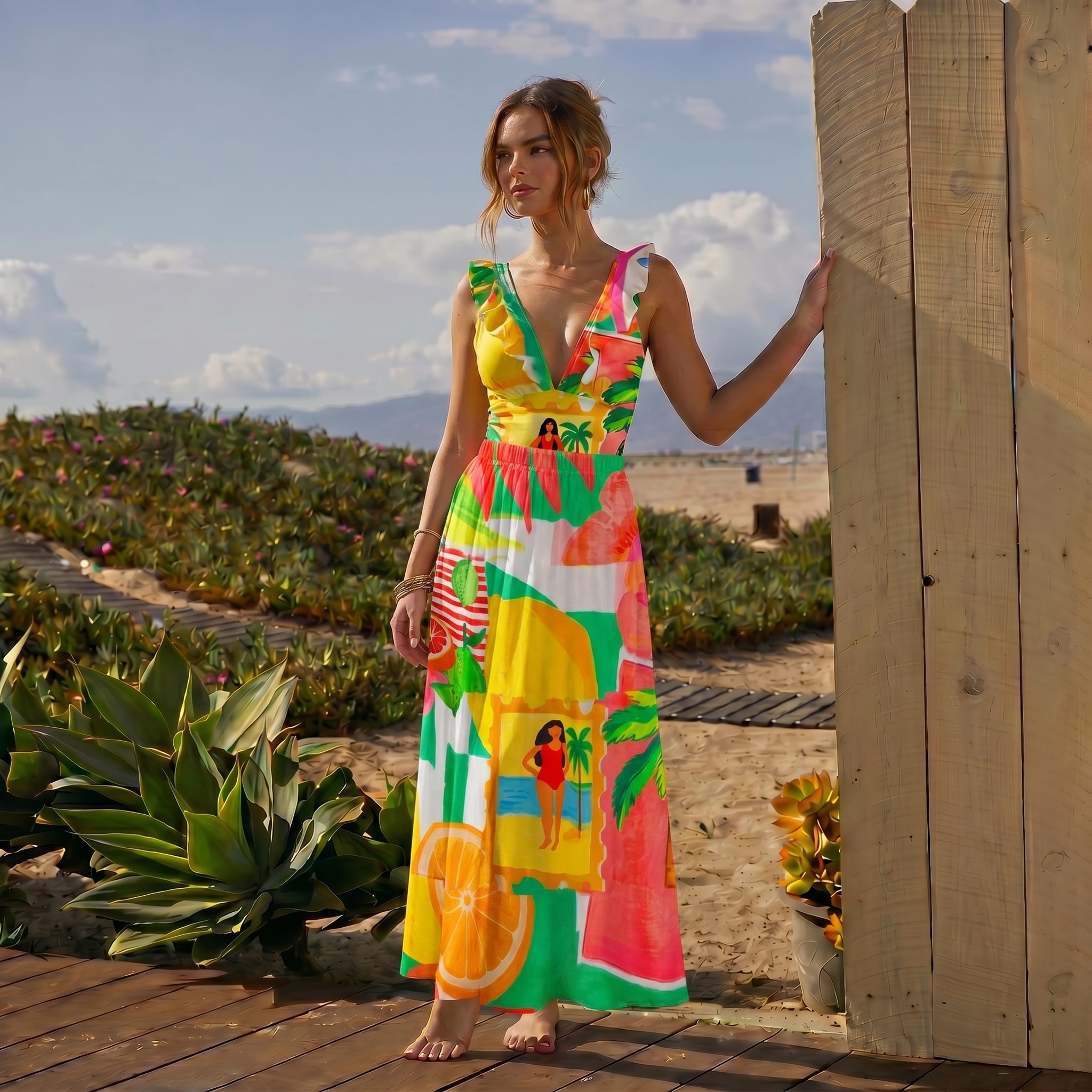 Tropical Floral & Palm Ruffled V Neck One Piece Swimsuit and Matching Midi Skirt Set