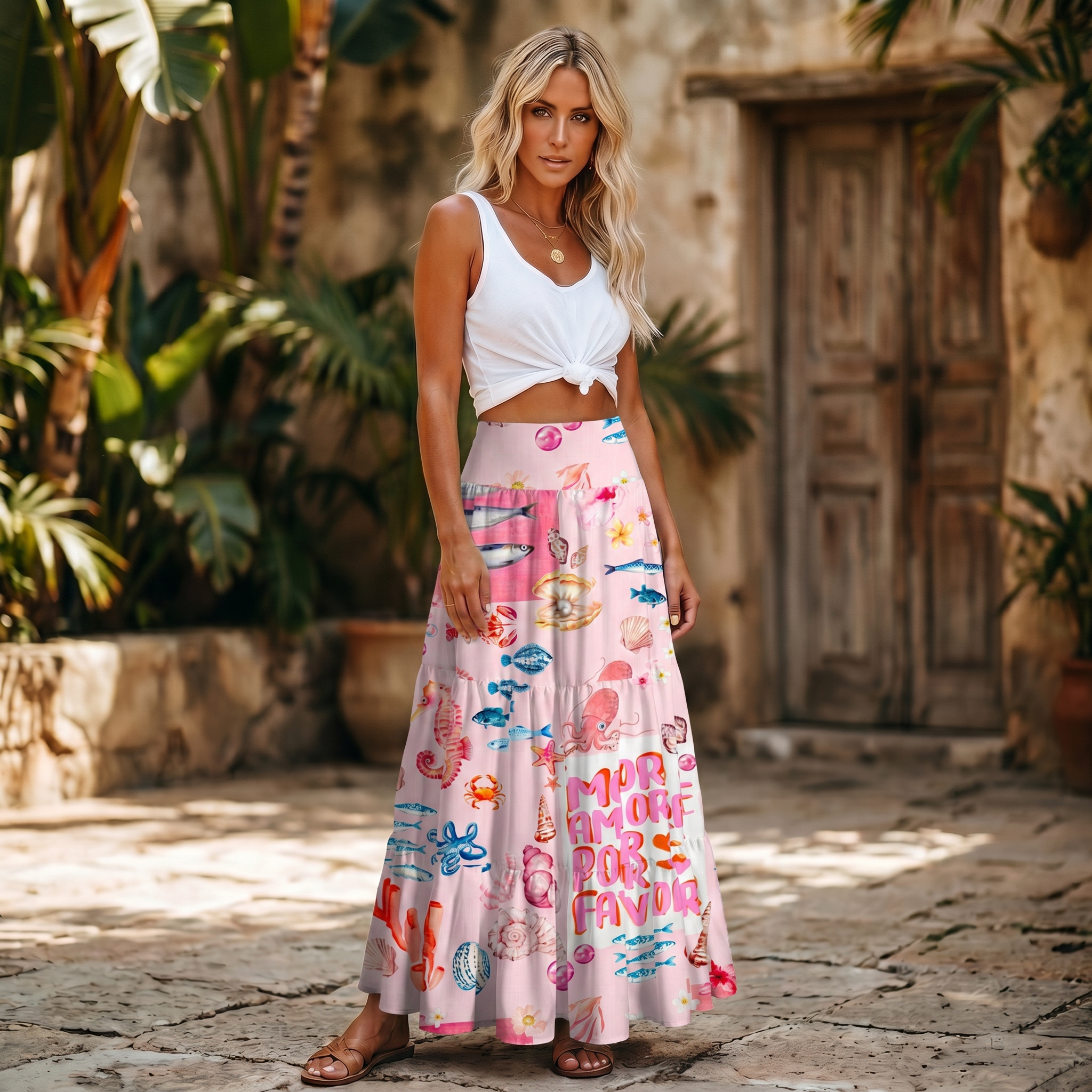 Pink Ocean Life Maxi Skirt & Strapless Dress  