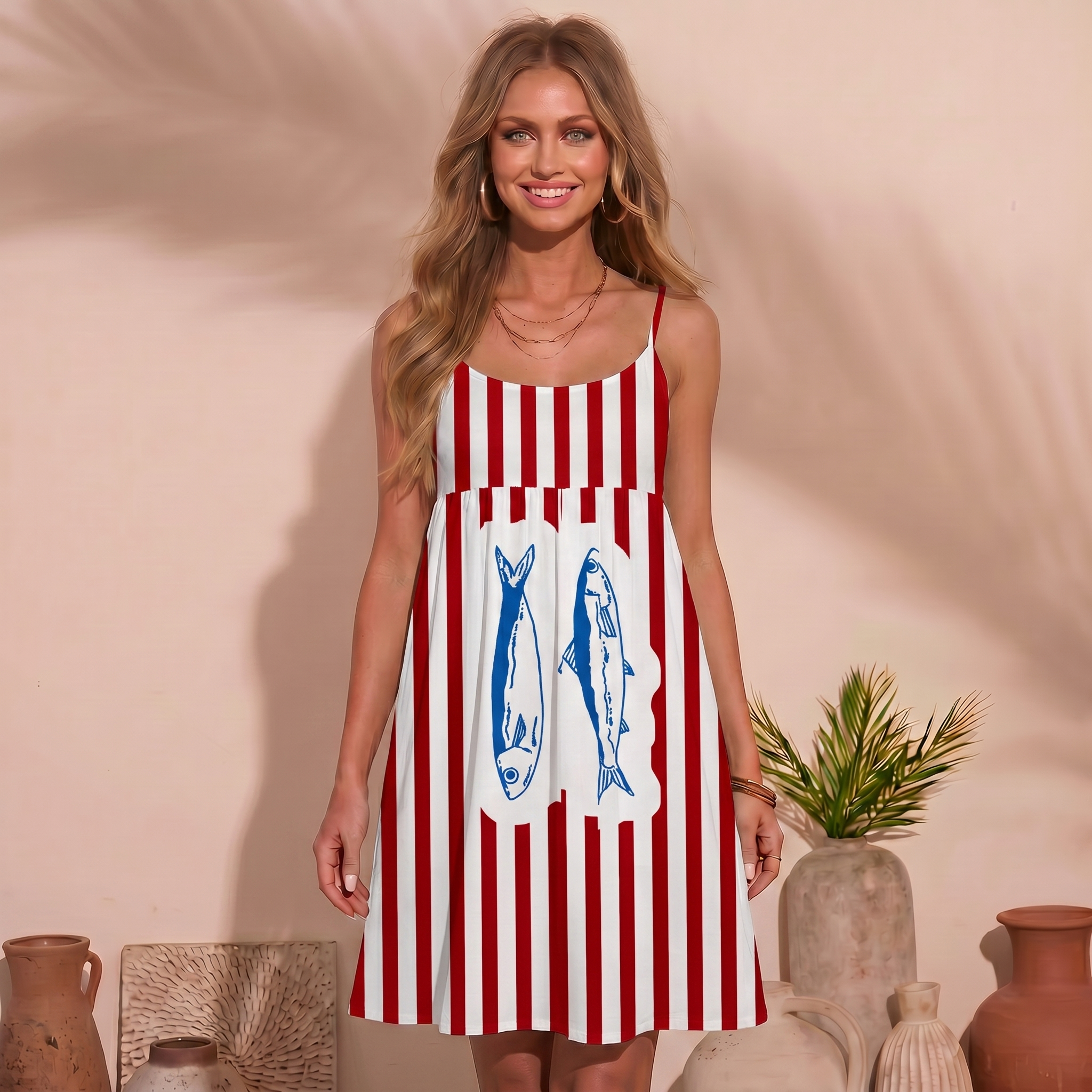 Striped Fish Spaghetti Strap Mini Dress