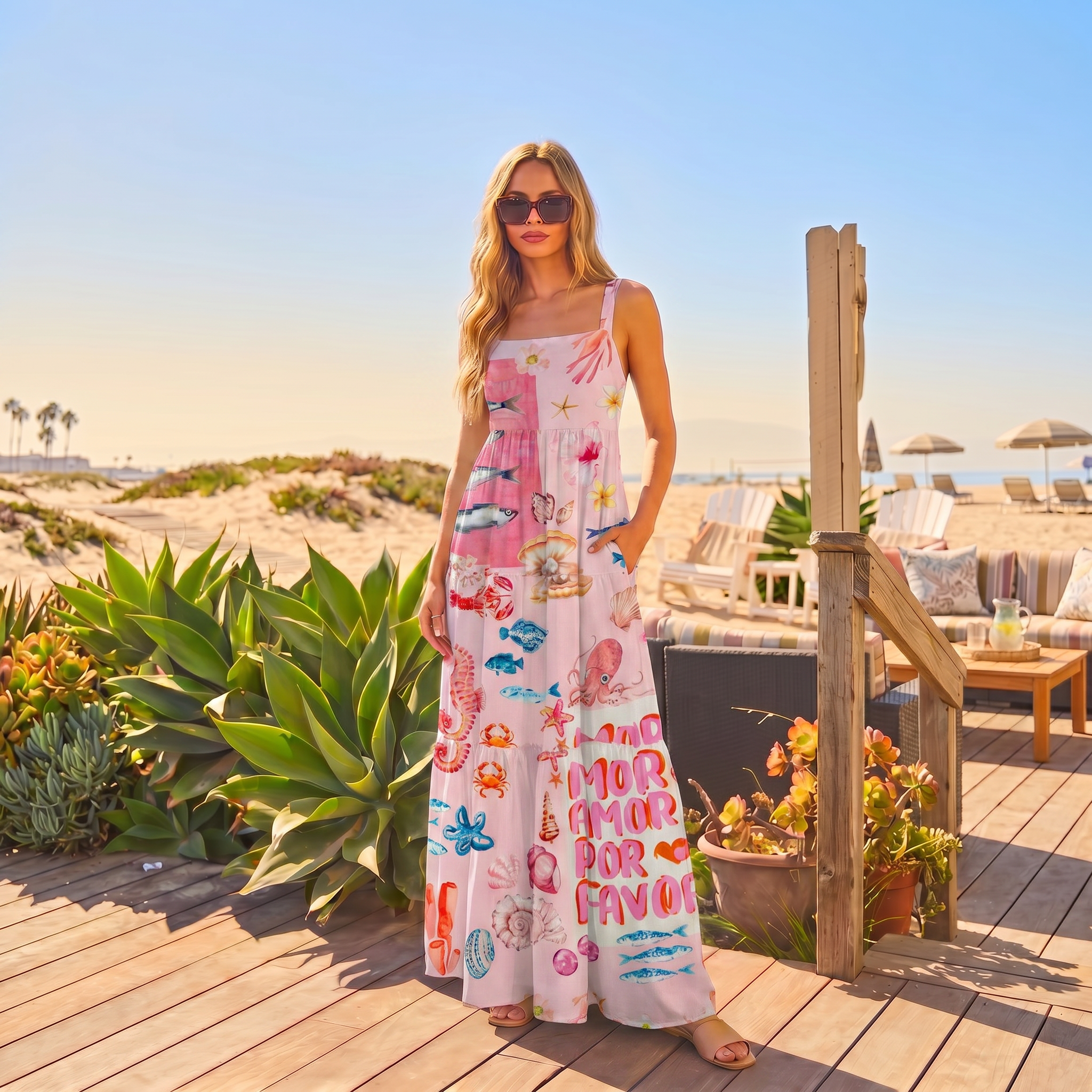 Pink Ocean Life Wide Straps Maxi Dress With Pockets