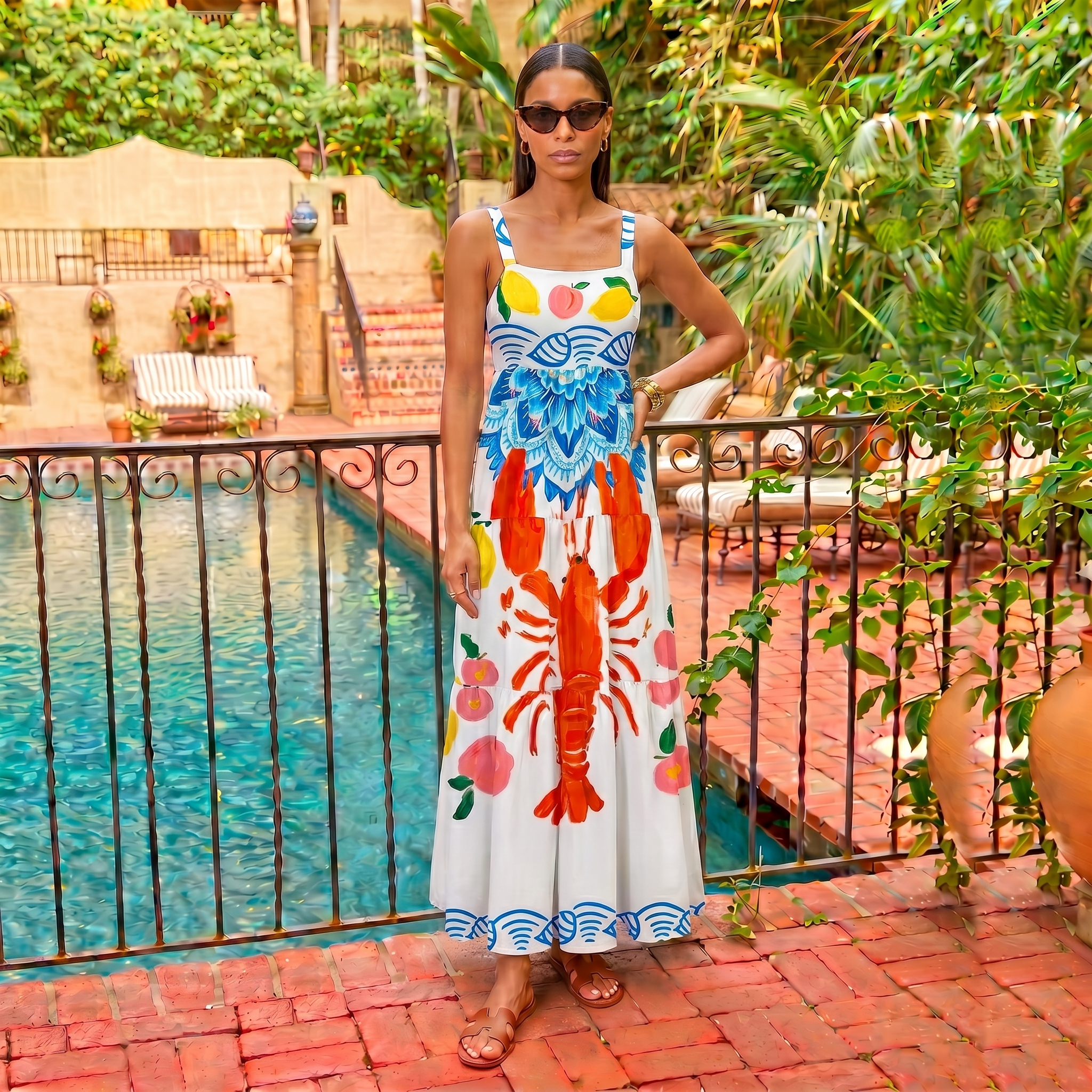 Lobster & Lemon Wide Straps Maxi Dress With Pockets