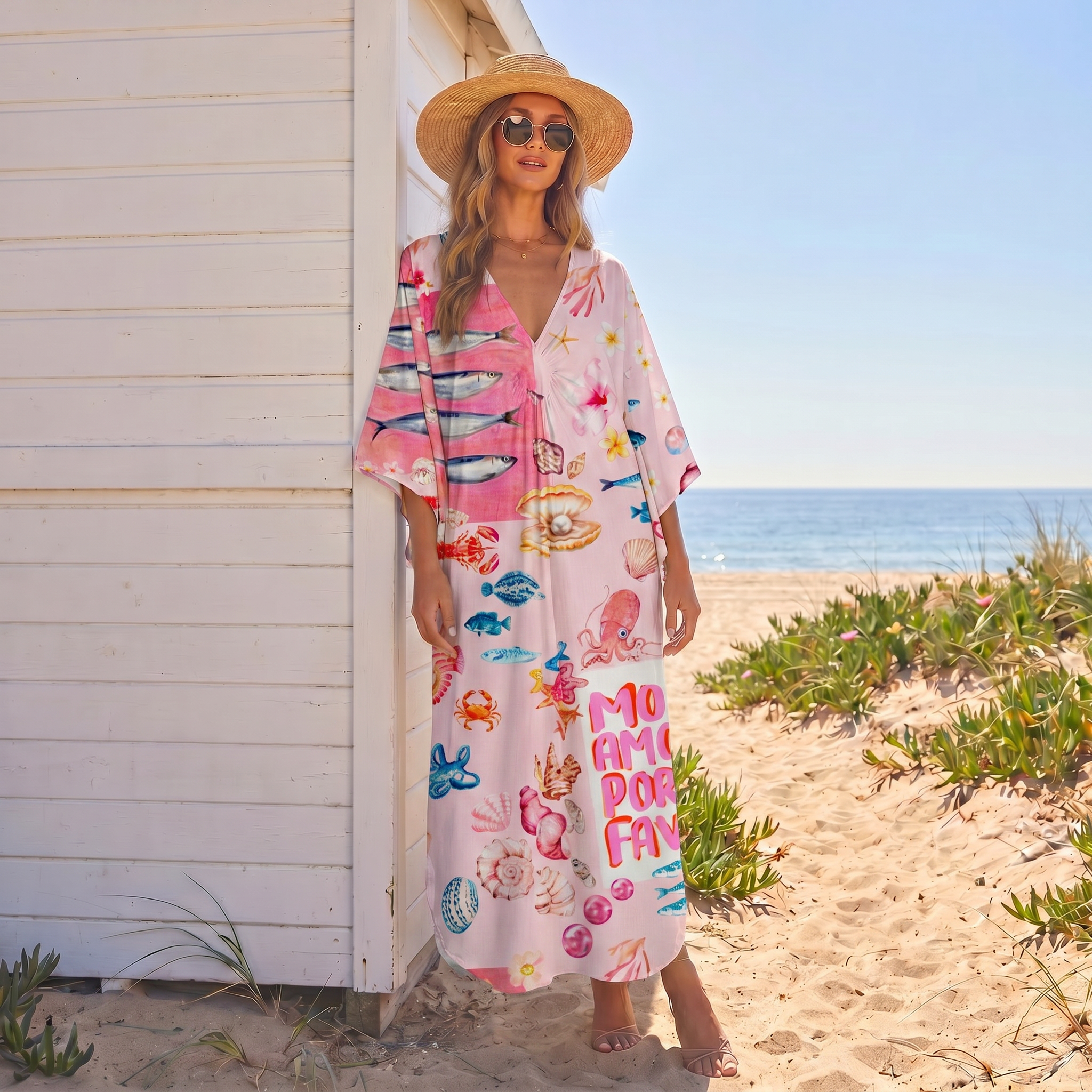 Pink Ocean Life Kimono Sleeve Kaftan Dress