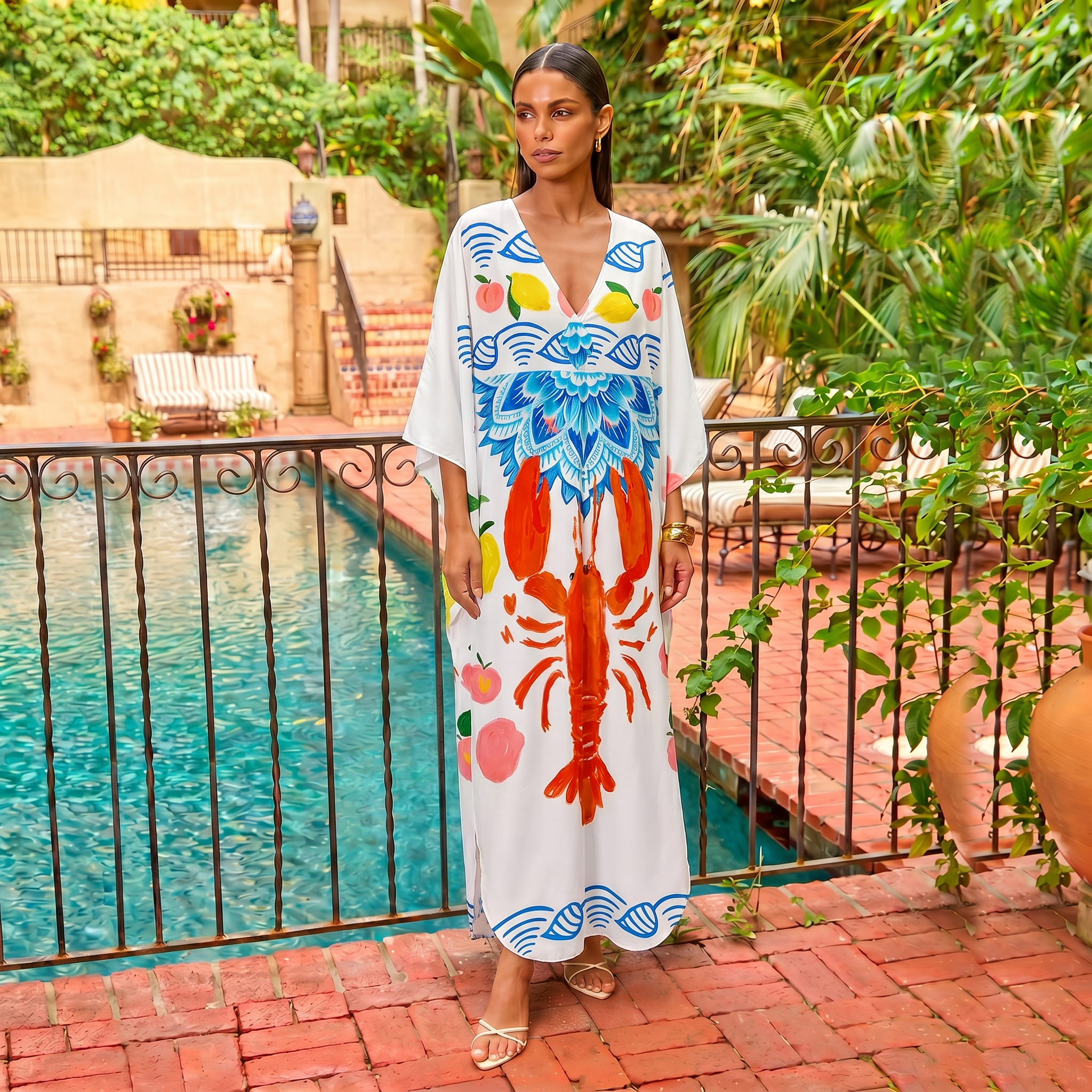 Lobster & Lemon Kimono Sleeve Kaftan Dress