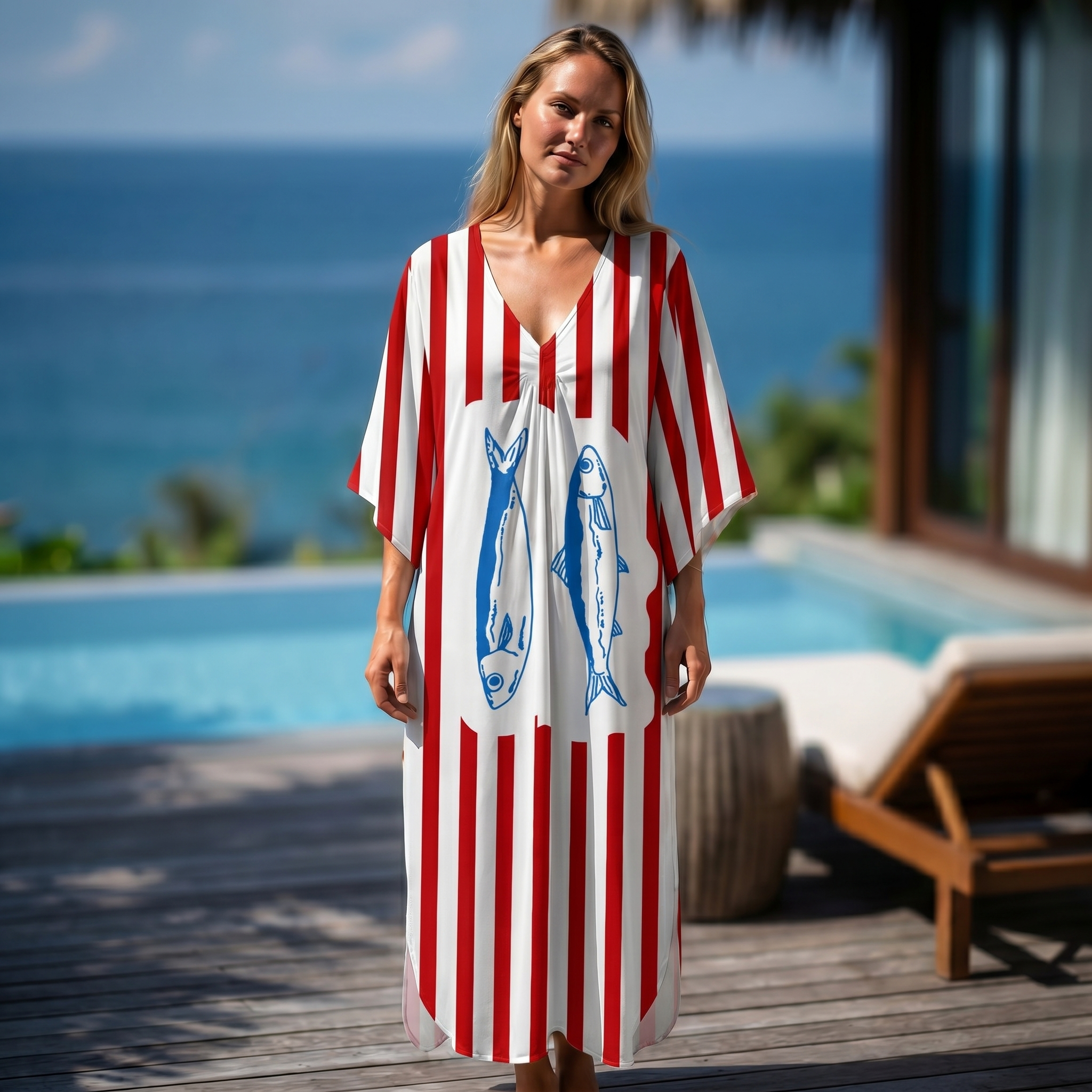 Striped Fish Kimono Sleeve Kaftan Dress