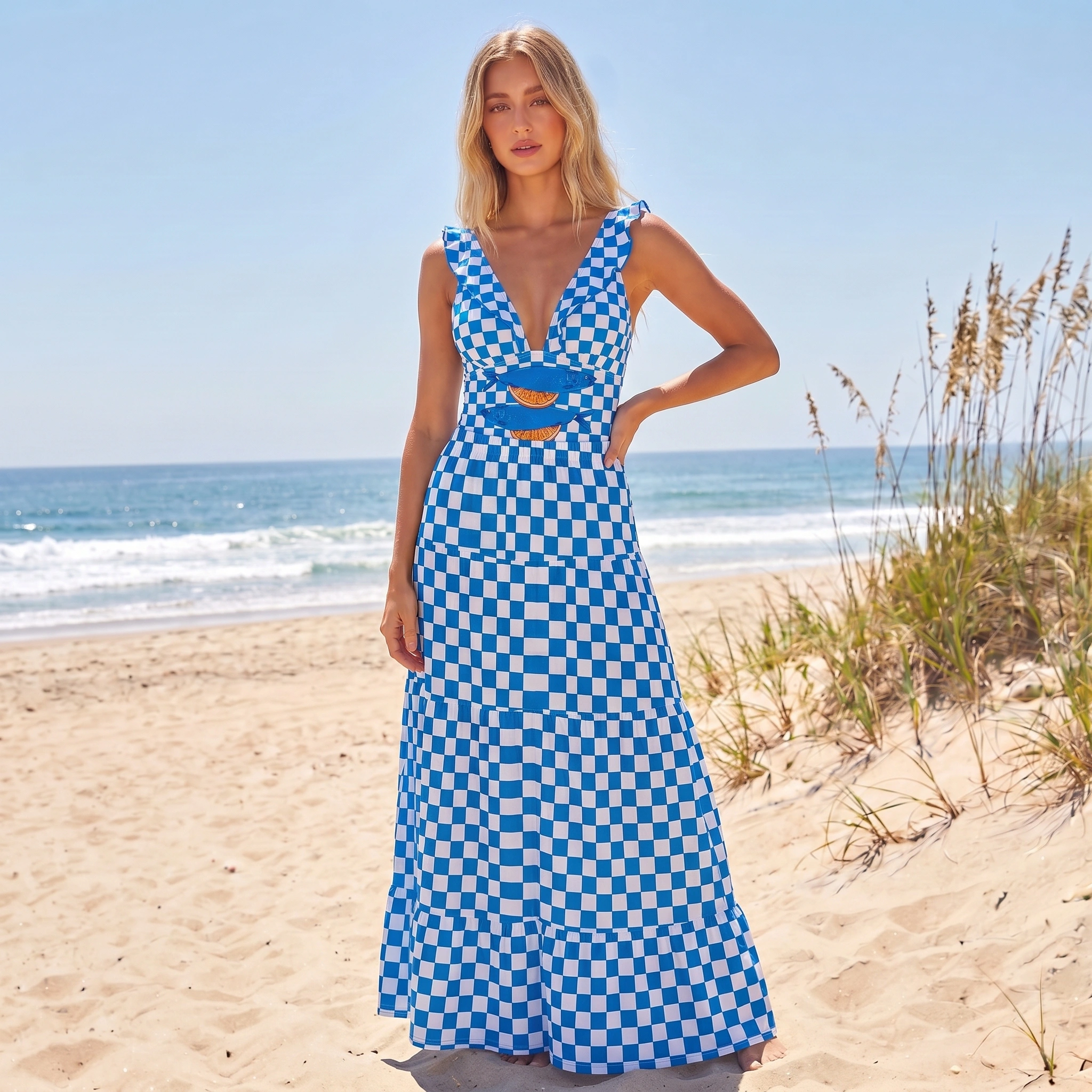 Blue Check Lemon Ruffled V Neck One Piece Swimsuit and Matching Midi Skirt Set