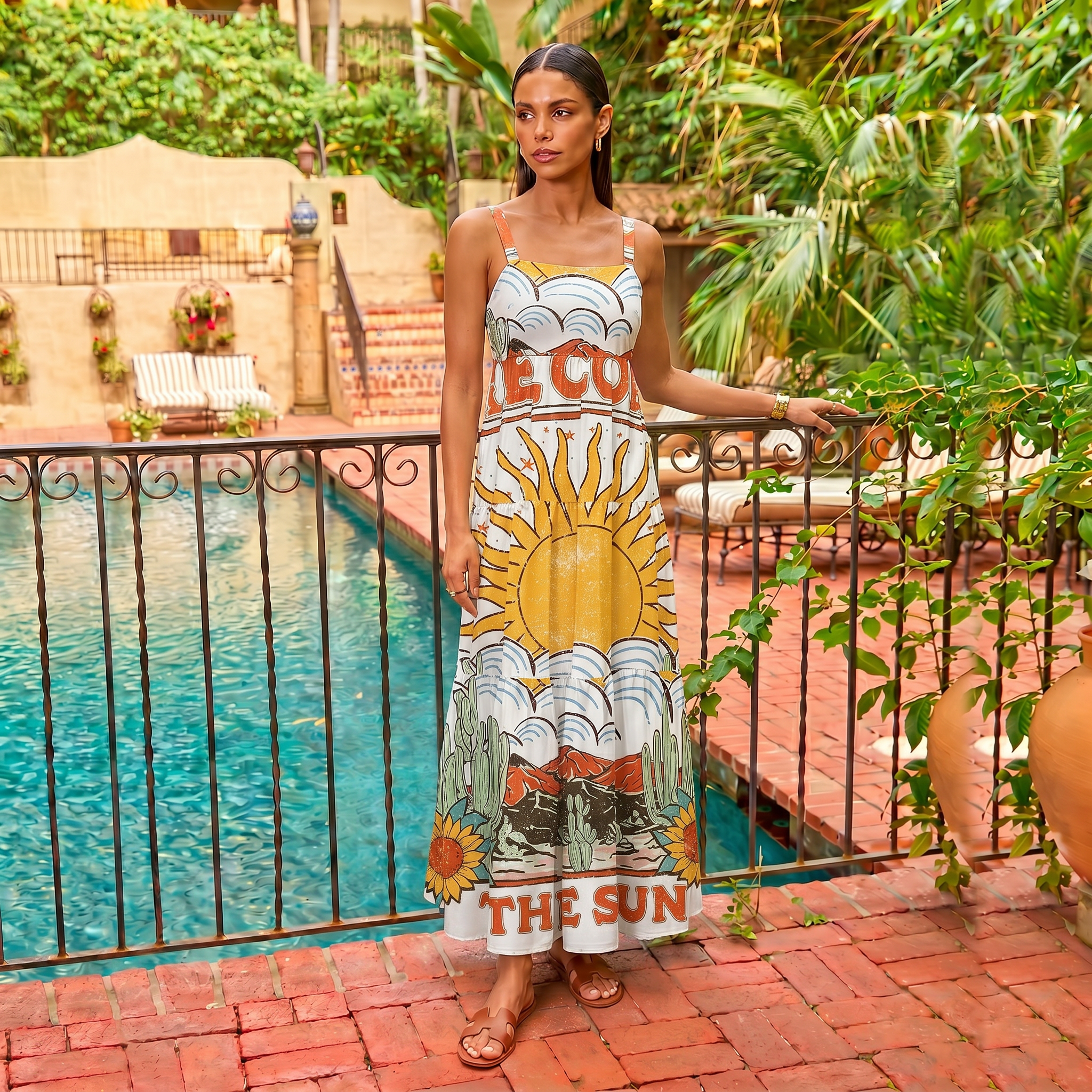Western Sun & Cact Wide Straps Maxi Dress With Pockets
