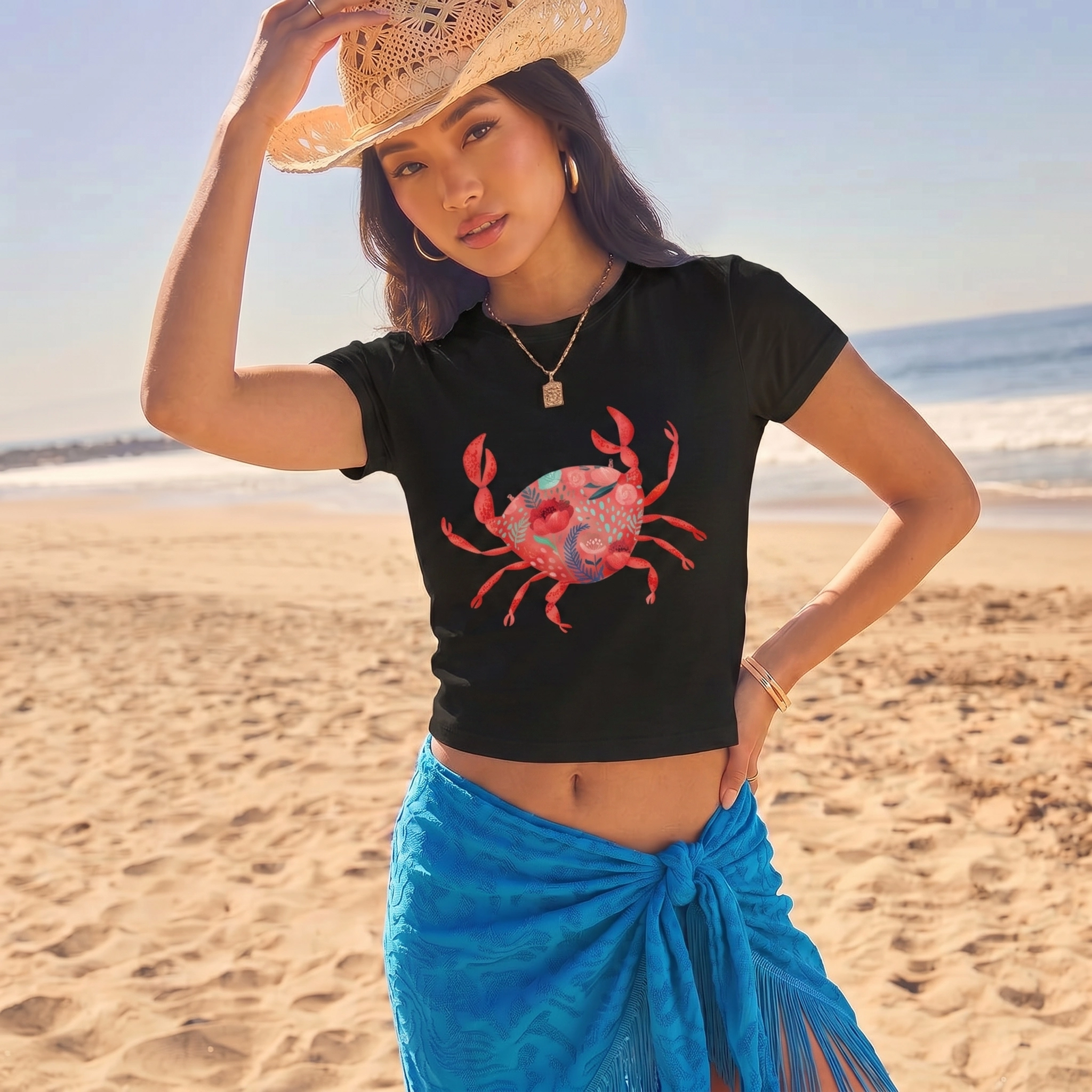 Floral Crab Print Crew Neck Cotton Tee