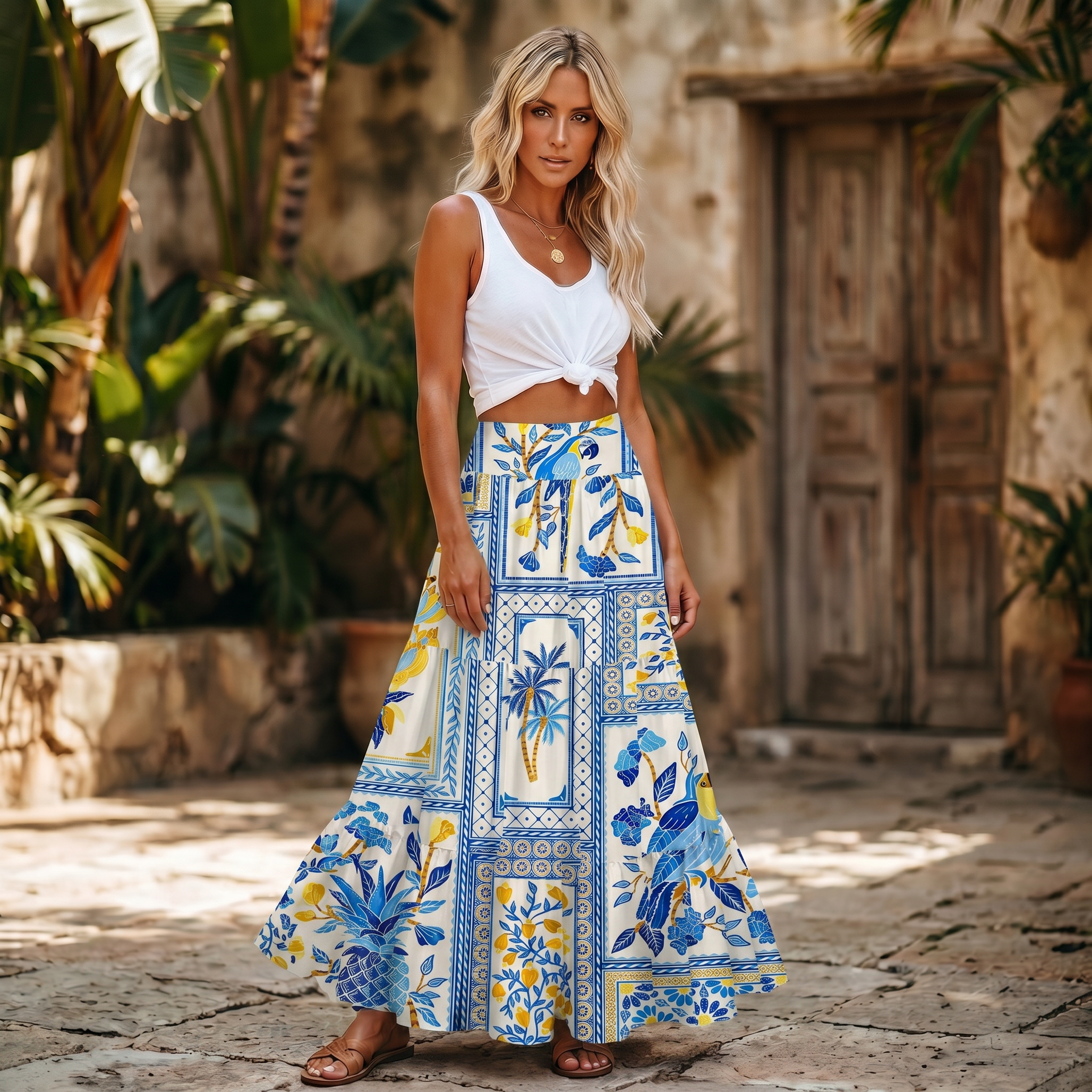Blue Tropical Tile Maxi Skirt & Strapless Dress  