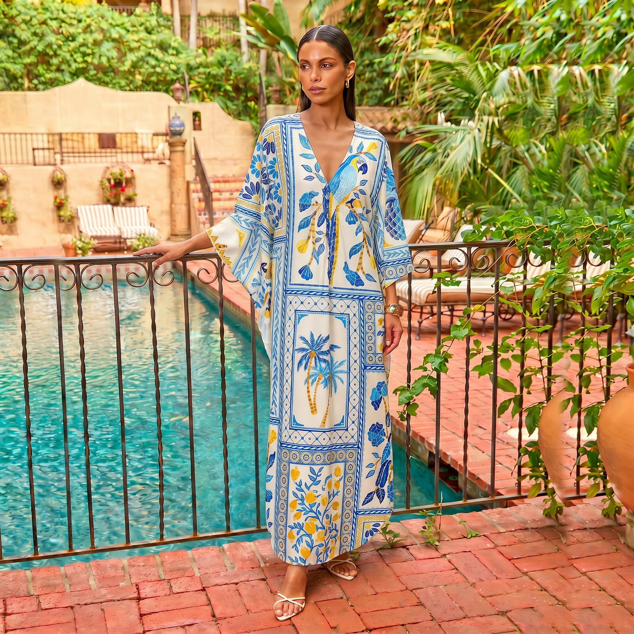 Blue Tropical Tile Kimono Sleeve Kaftan Dress