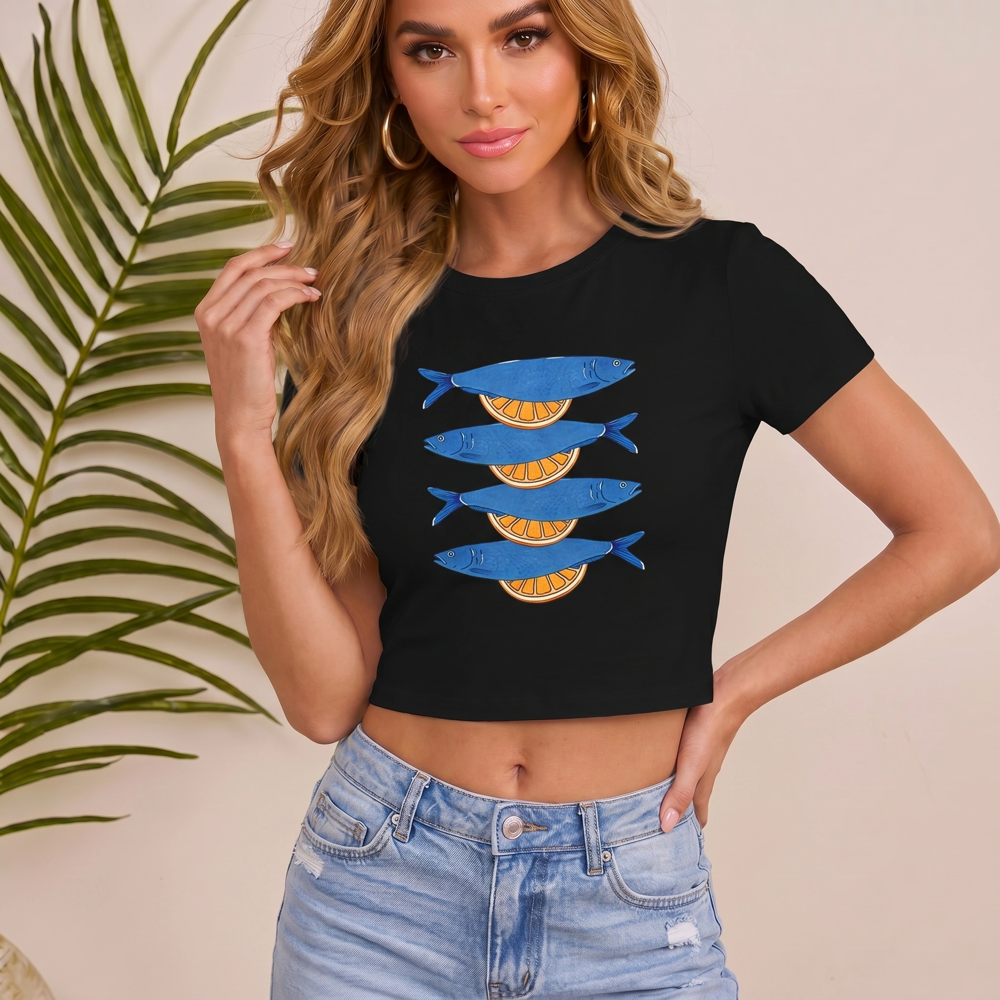 Blue Check Lemon Print Crew Neck Cotton Tee