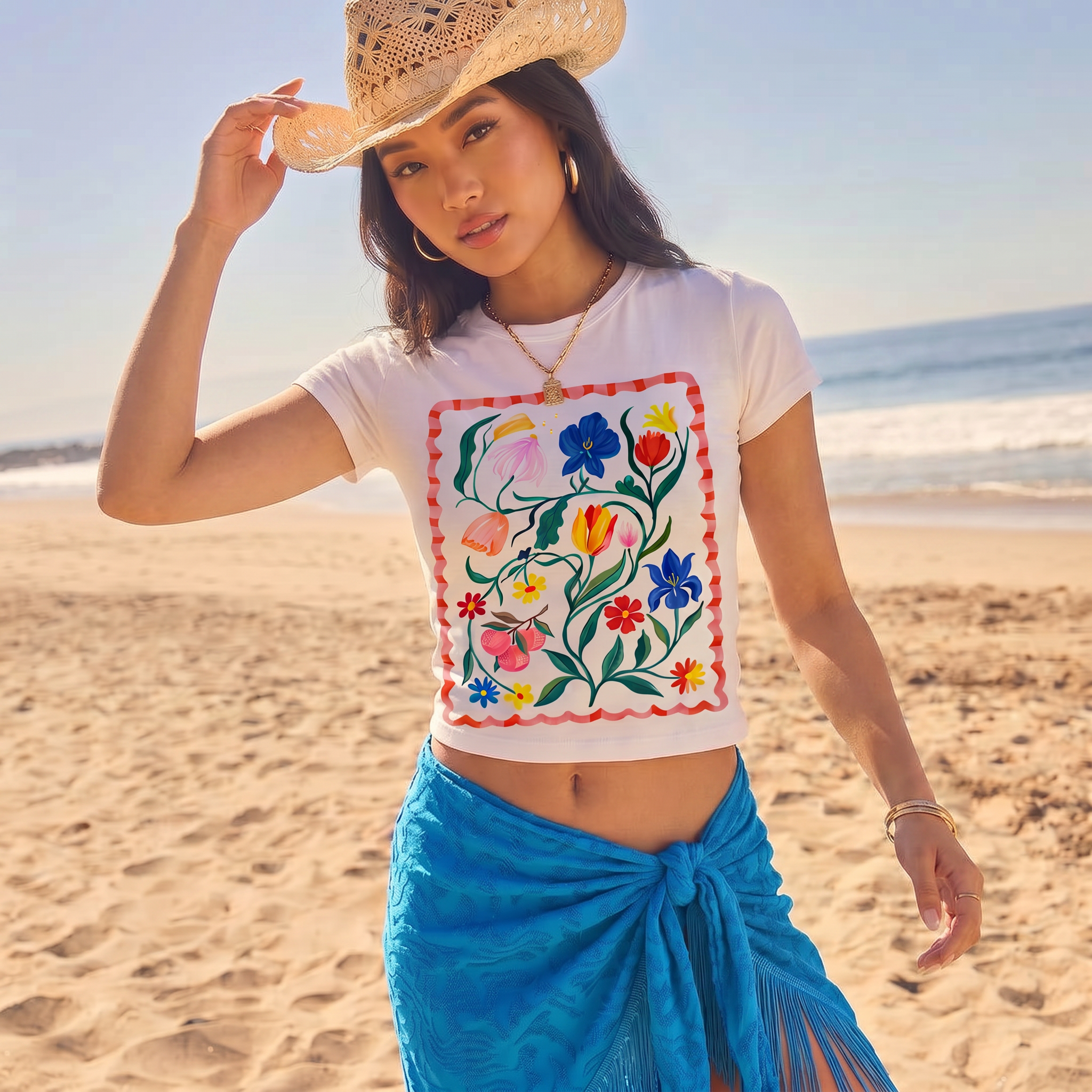 Retro Sun & Palm Print Crew Neck Cotton Tee