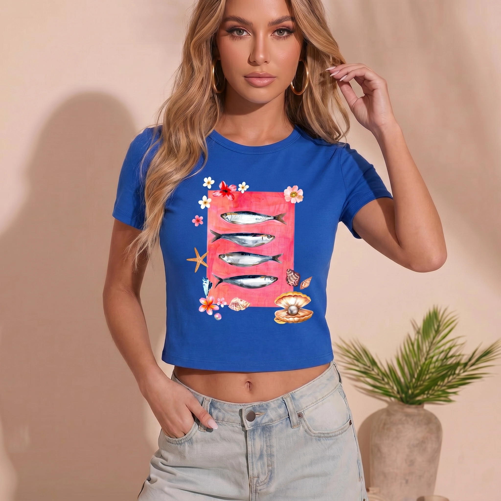 Pink Ocean Life Print Crew Neck Cotton Tee