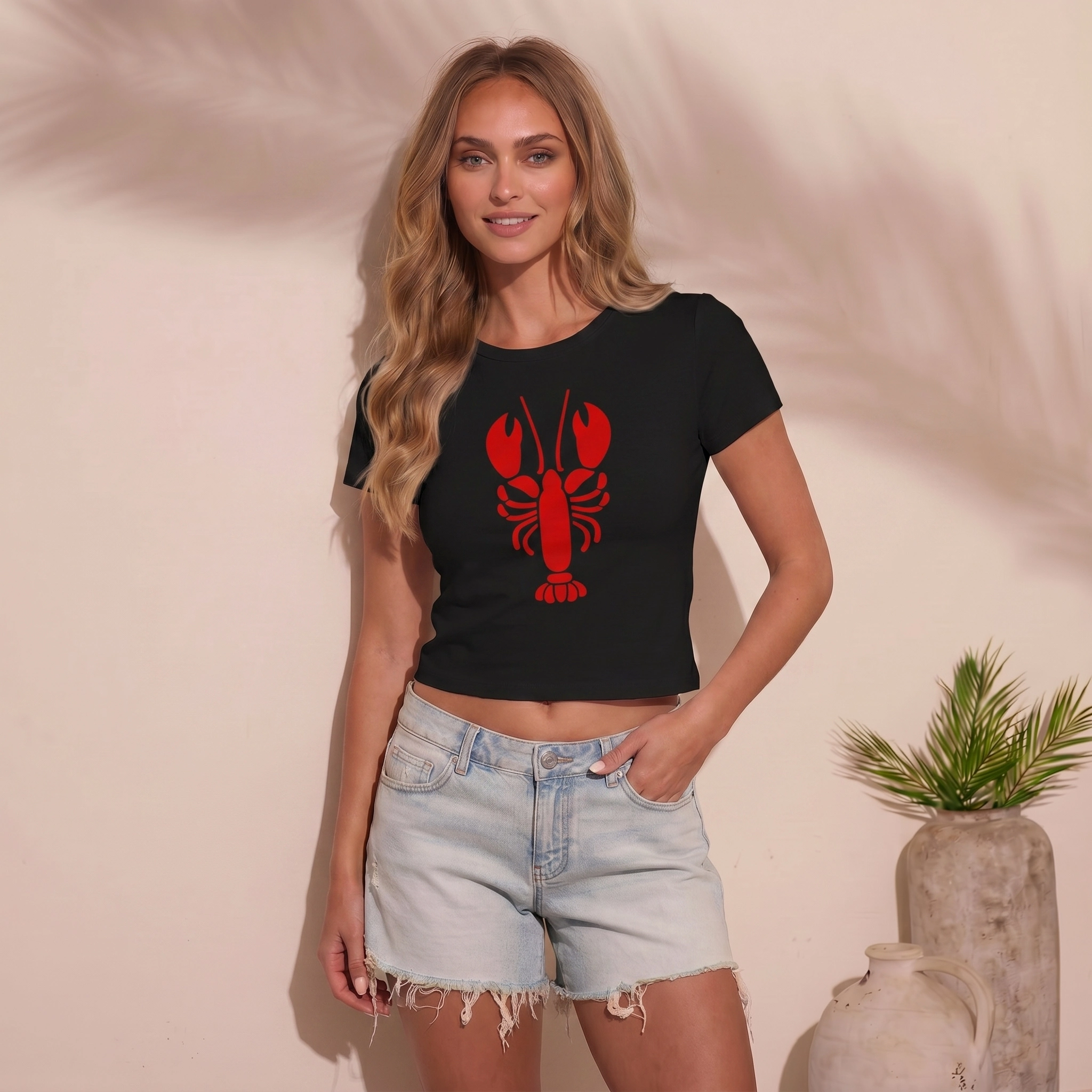 Pink Lobster Print Crew Neck Cotton Tee
