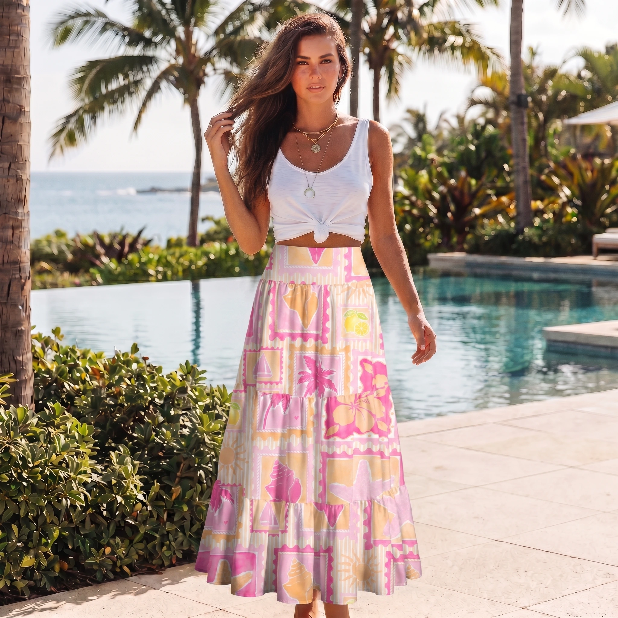 Coral Beach Postcard Maxi Skirt & Strapless Dress  