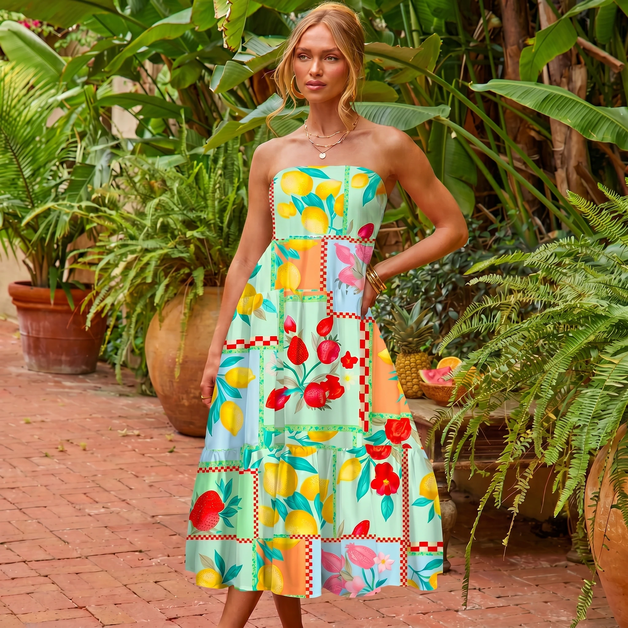 Fruit Party Vacation Maxi Skirt & Strapless Dress  
