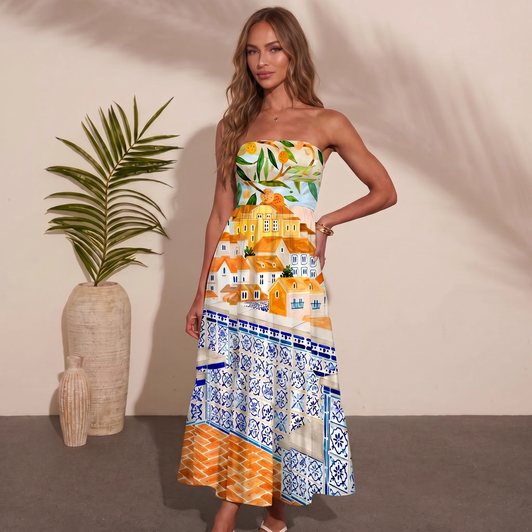 Lisbon Cityscape Maxi Skirt & Strapless Dress  