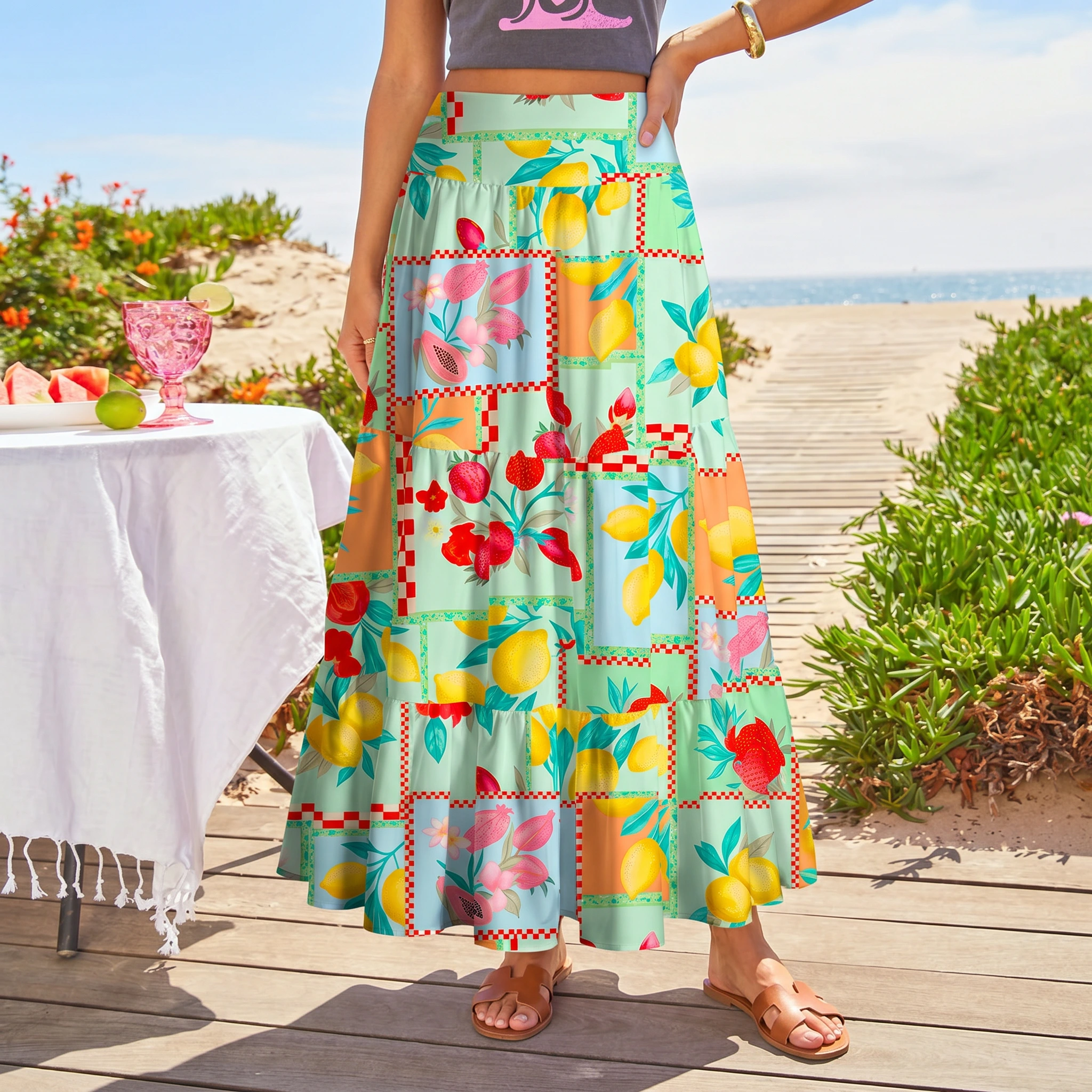 Fruit Party Vacation Maxi Skirt & Strapless Dress  