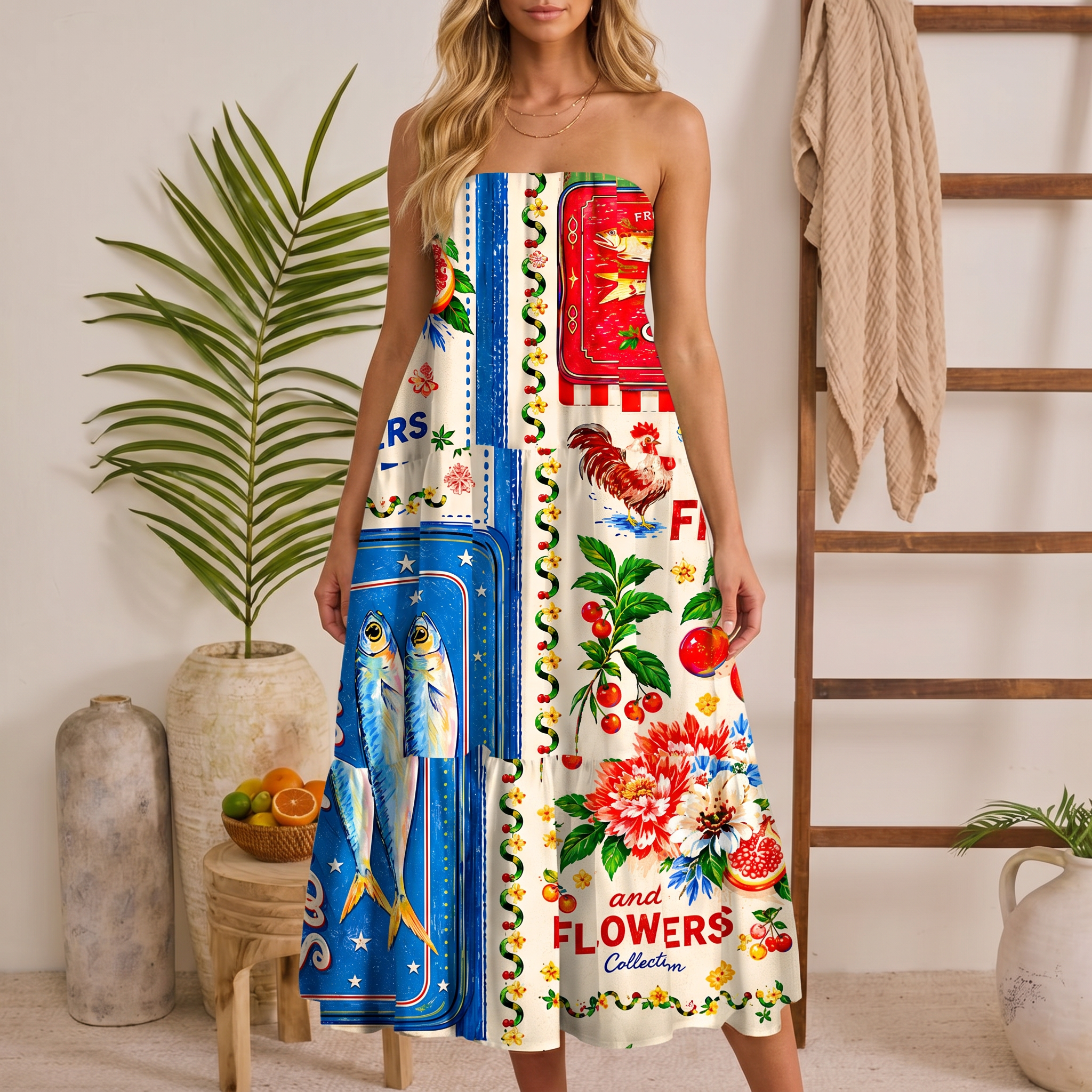Fruits, Flowers & Fish Feast Print Maxi Skirt & Strapless Dress  