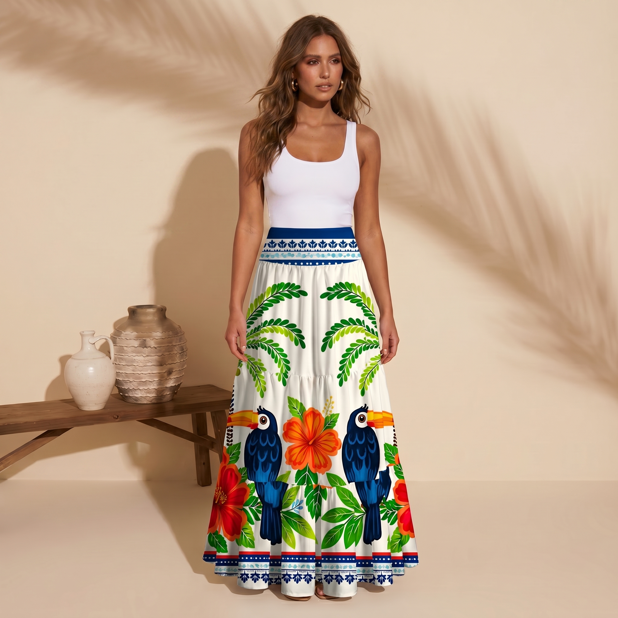 Vibrant Tropical Toucan Print Maxi Skirt & Strapless Dress  