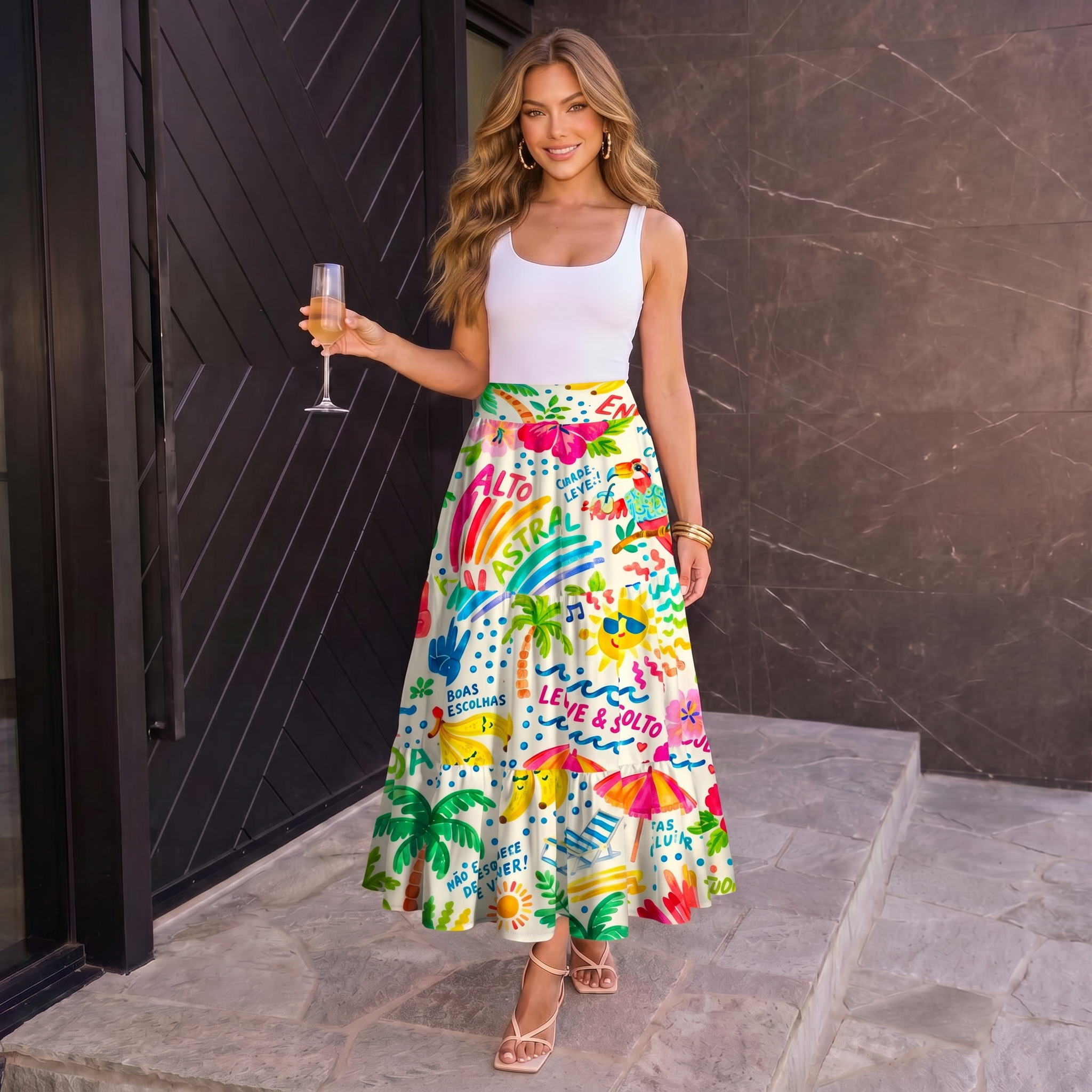 Rainbow Escape Print Maxi Skirt & Strapless Dress  
