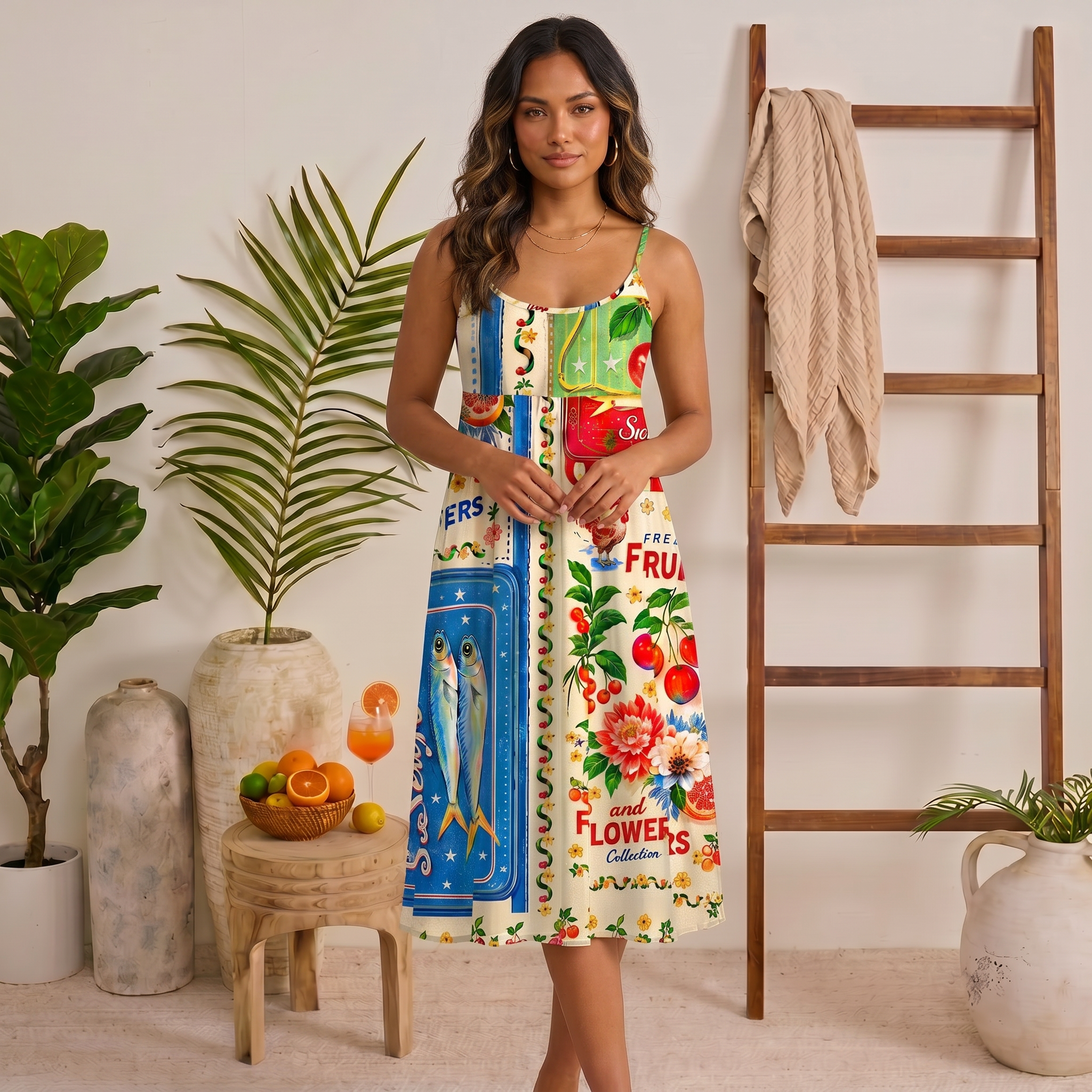 Fruits, Flowers & Fish Feast Print Spaghetti Strap Mini Dress