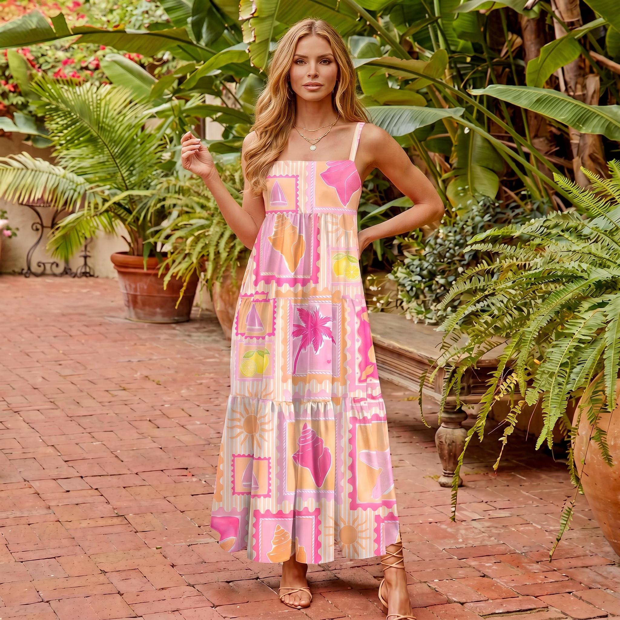 Coral Beach Postcard Wide Straps Maxi Dress With Pockets