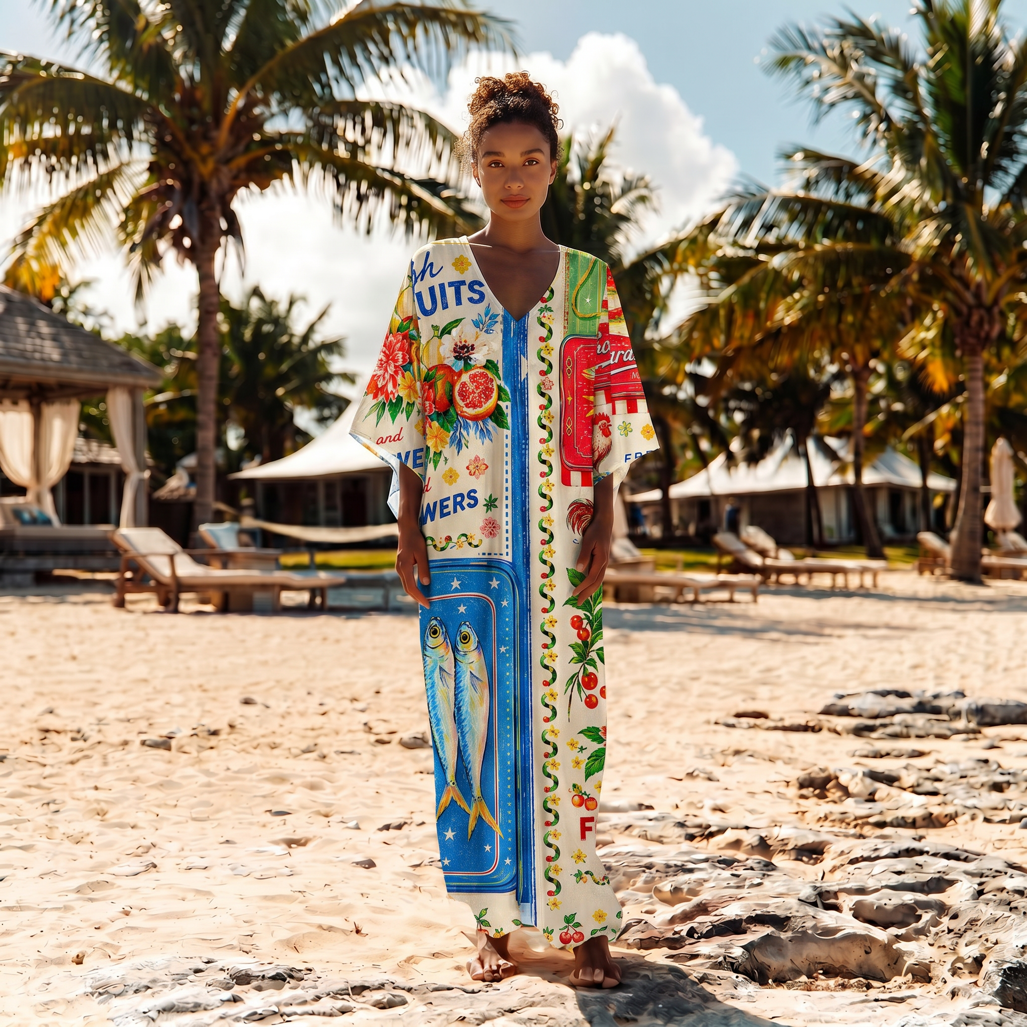 Fruits, Flowers & Fish Feast Kimono Sleeve Kaftan Dress