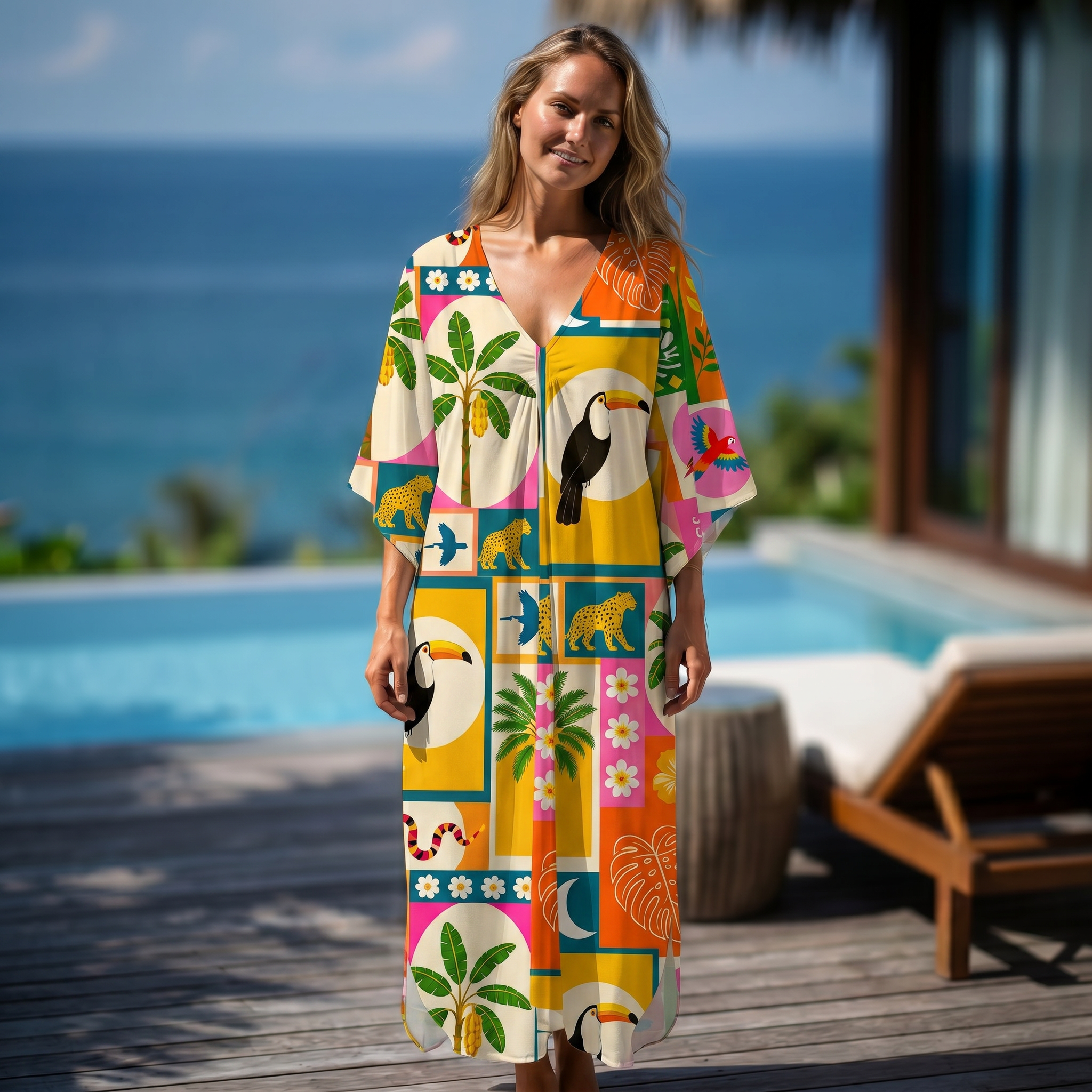 Tropical Patchwork Kimono Sleeve Kaftan Dress