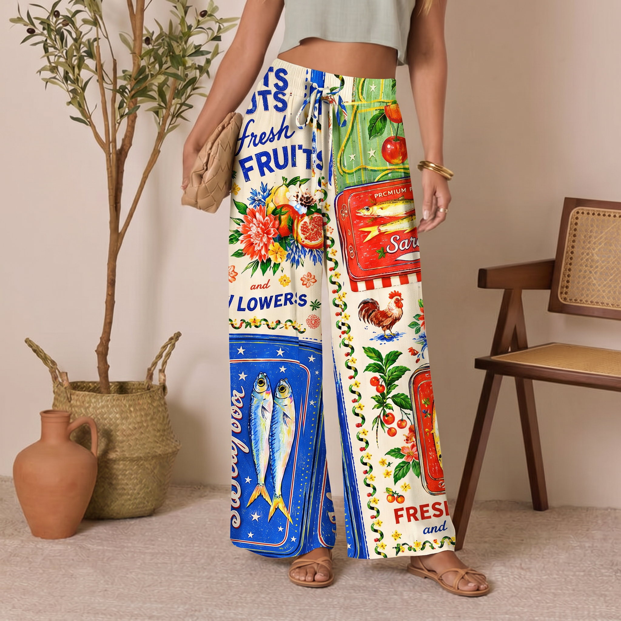 Fruits, Flowers & Fish Feast Wide Leg Tie Waist Pants With Pockets